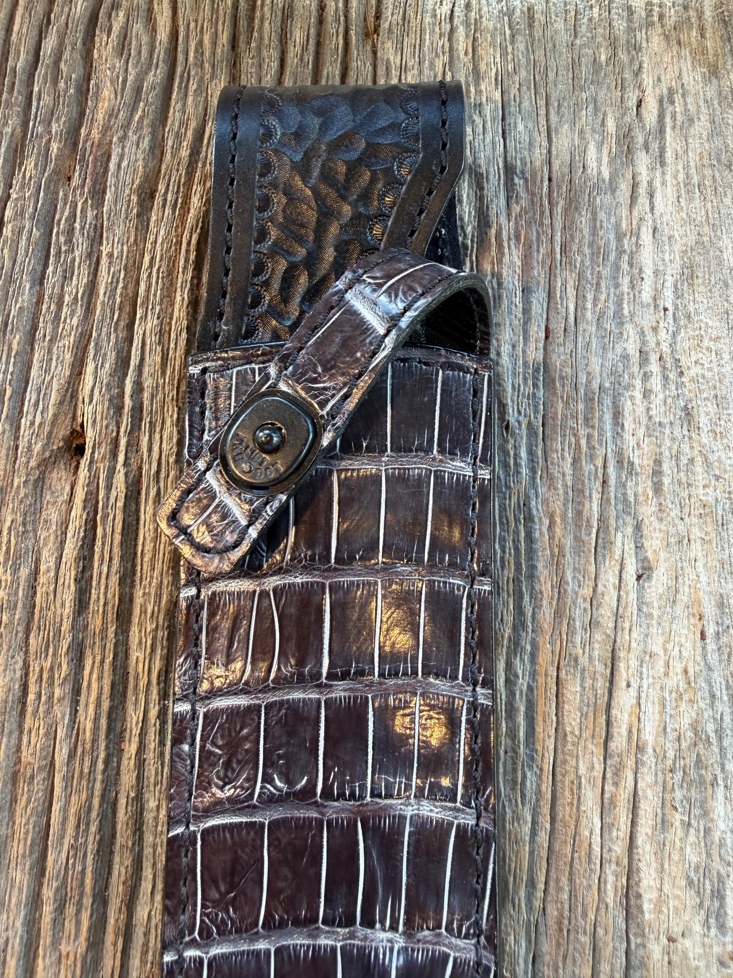New Randall Model Clinton Special Sheath in Exotic Black/Grey Shiny Crocodile from Treeman with the newest Black Canteen snap.