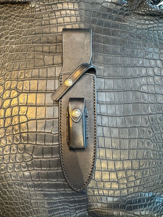 Randall Model Clinton Special Sheath (with Stone) in Black Leather made at Sullivans by Gutcher in Tampa Florida. Official sheath maker for Randall Knives.