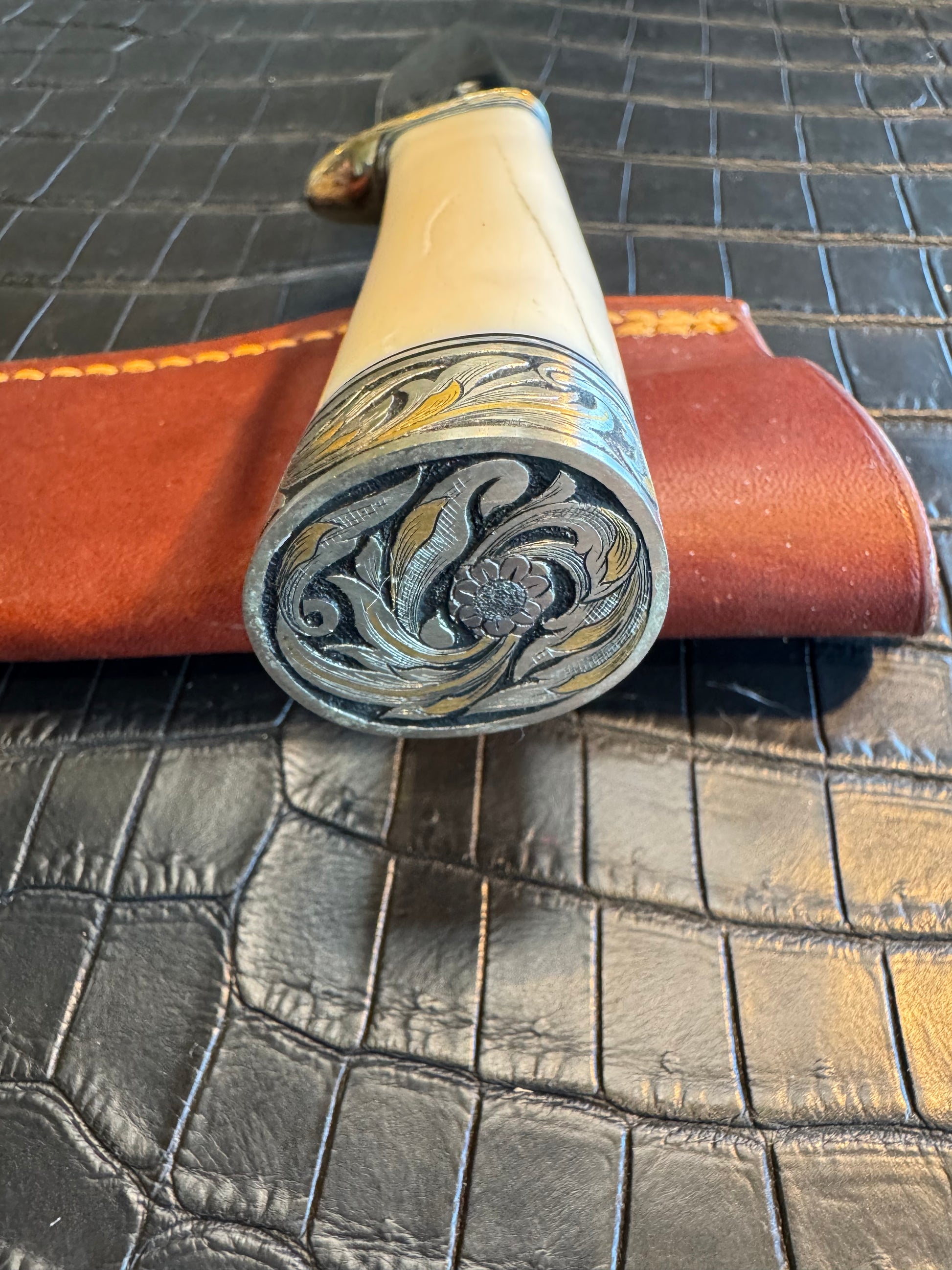 Randall Model 26 in Elephant Ivory, Gold and Silver Engraved, Nickel Silver Single Hilt and Butt cap fully engraved.
