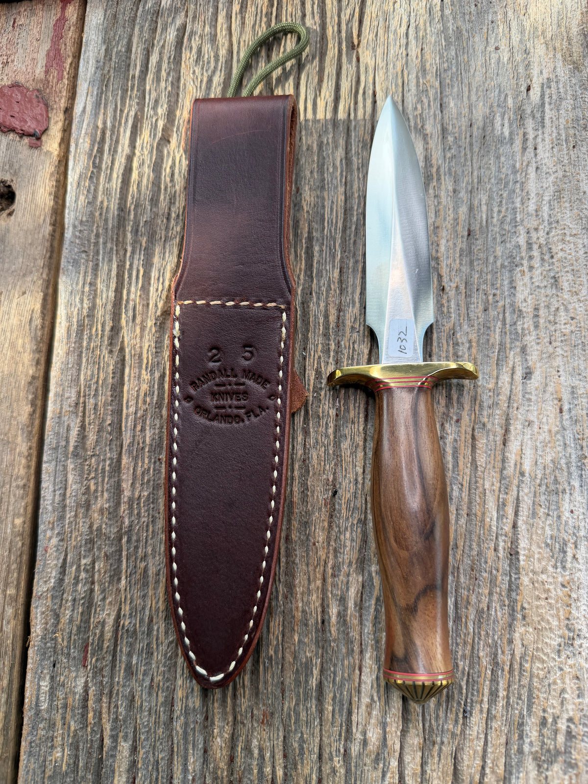 Nice Randall Knife Model 2-5 Brass Hilt, red and gold spacers, coolie Butt cap, Stainless Blade, Walnut Handle