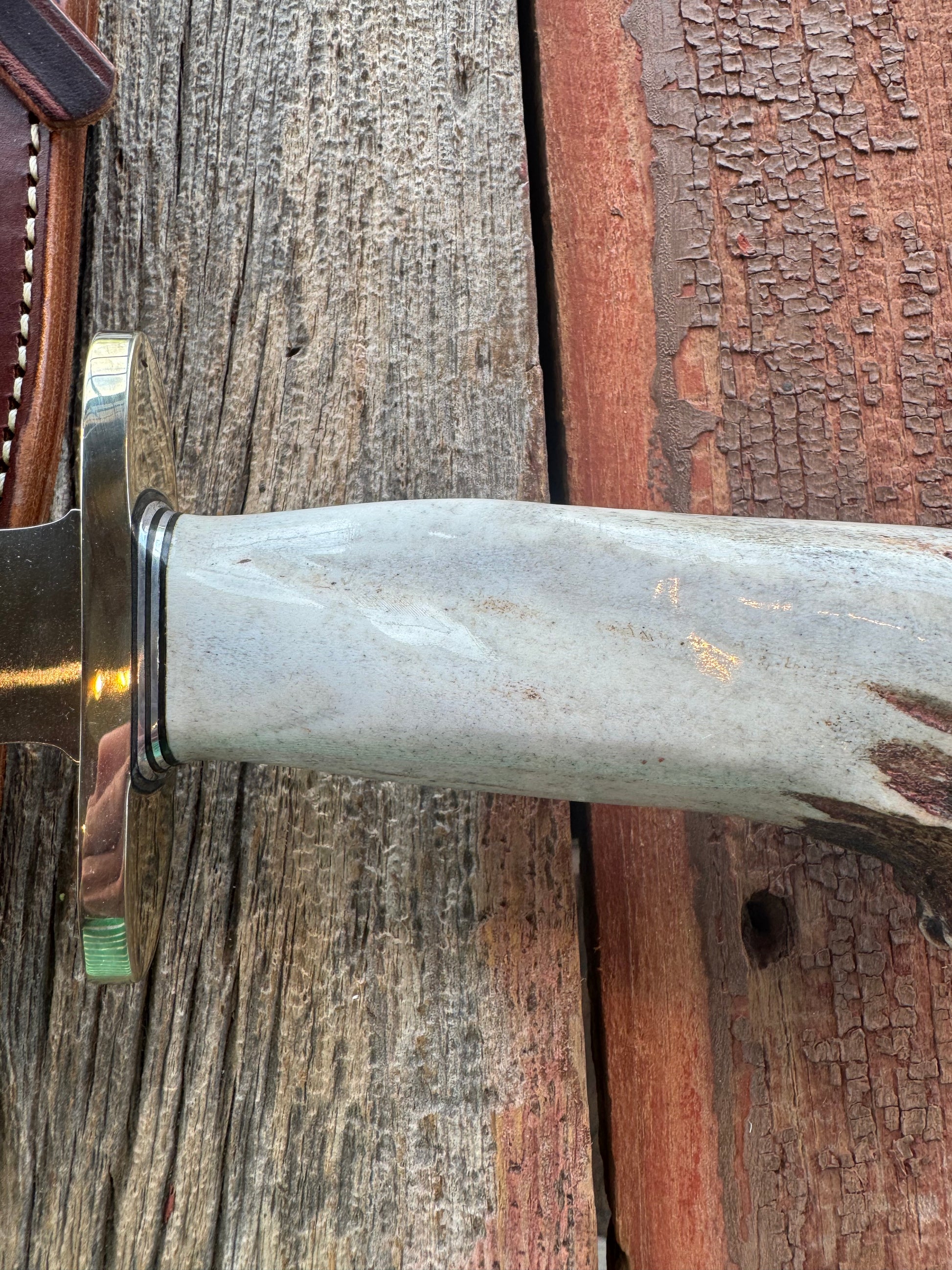 Randall Model 12-8 Big Bear in a gorgeous piece of Polished Crown Stag. Nickel Silver Hilt and a natural exposed end. Stainless,