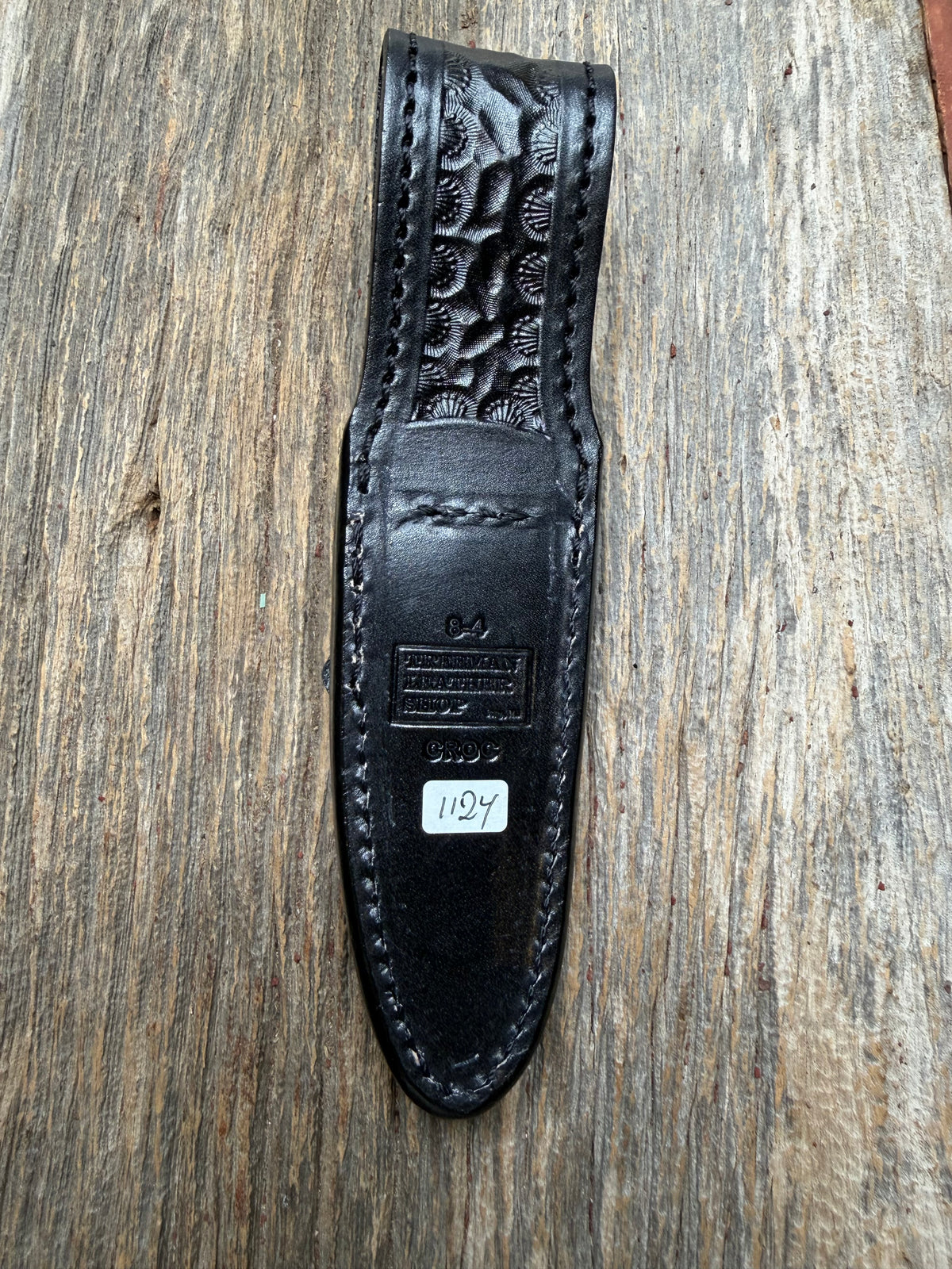 New Randall Model 8-4 Sheath in Exotic Army Green Matte Crocodile from Treeman with the newest Black Canteen snap. Killer sheath. (Copy)
