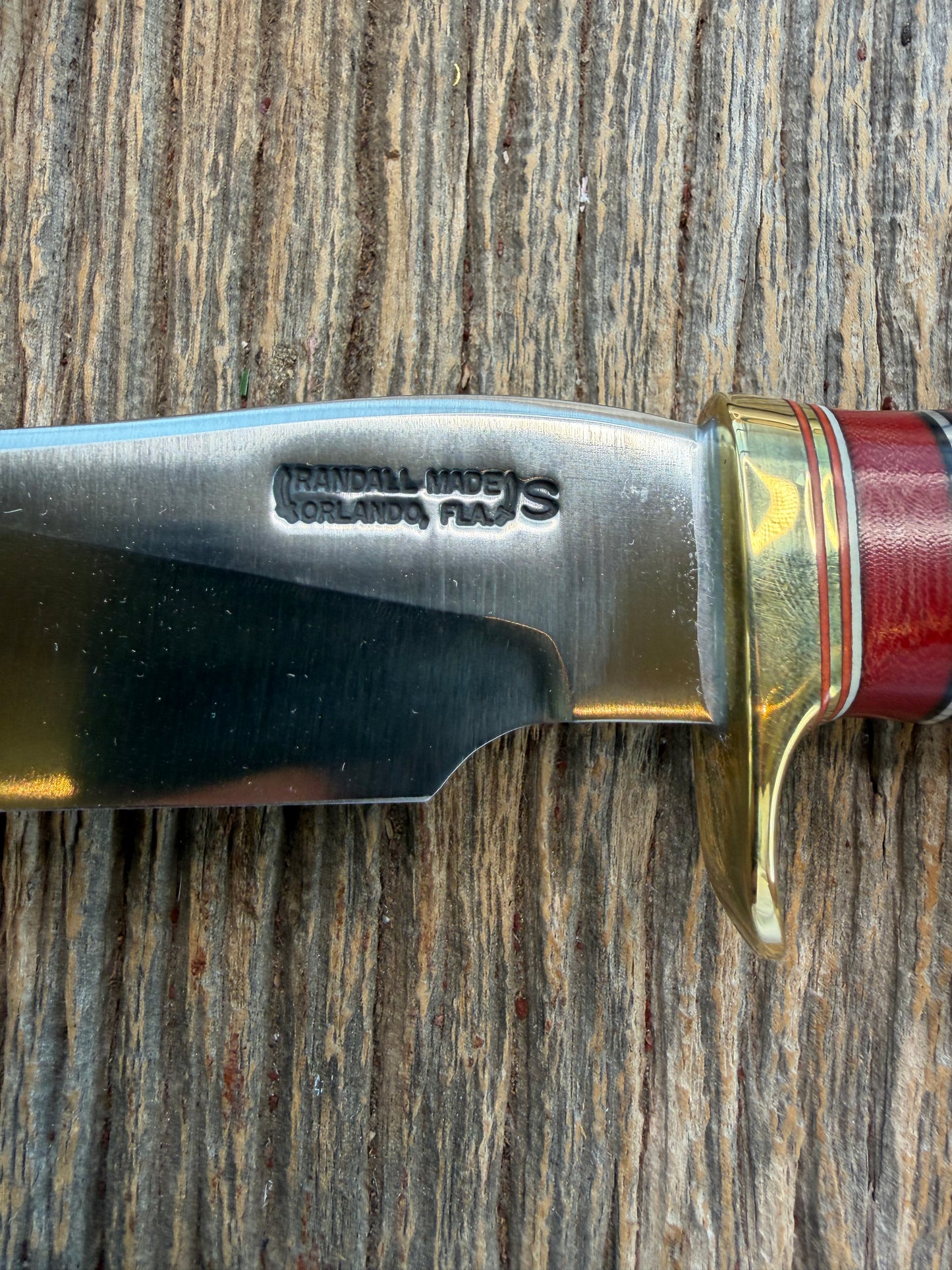 New in Paper Randall Made Knife Model 27-5 with a Stag handle, Stainless, brass single Hilt, red and aluminum spacers, loaded!!