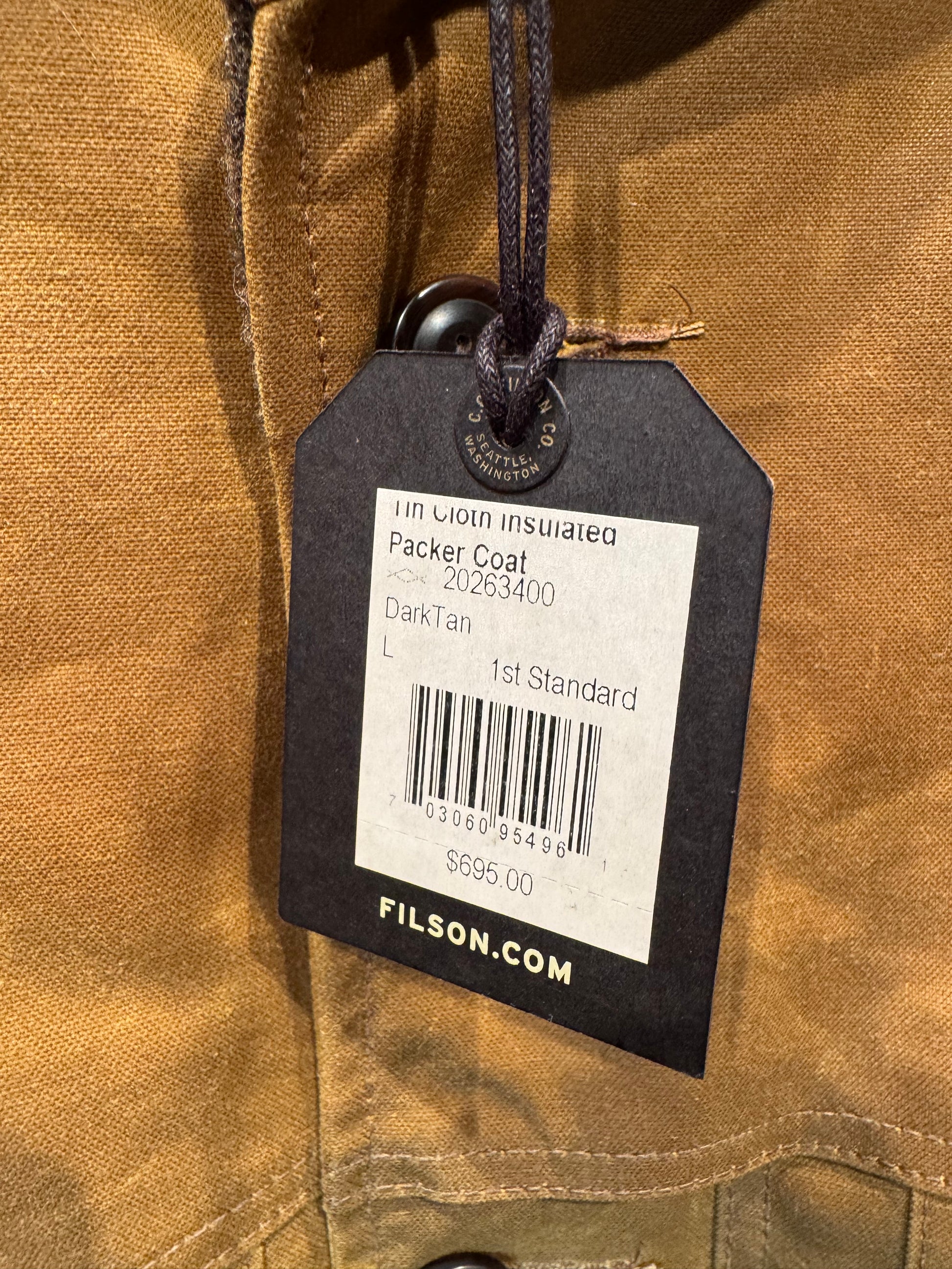 NWT FILSON TIN CLOTH INSULATED PACKER COAT DARK TAN LARGE NWT 20263400
