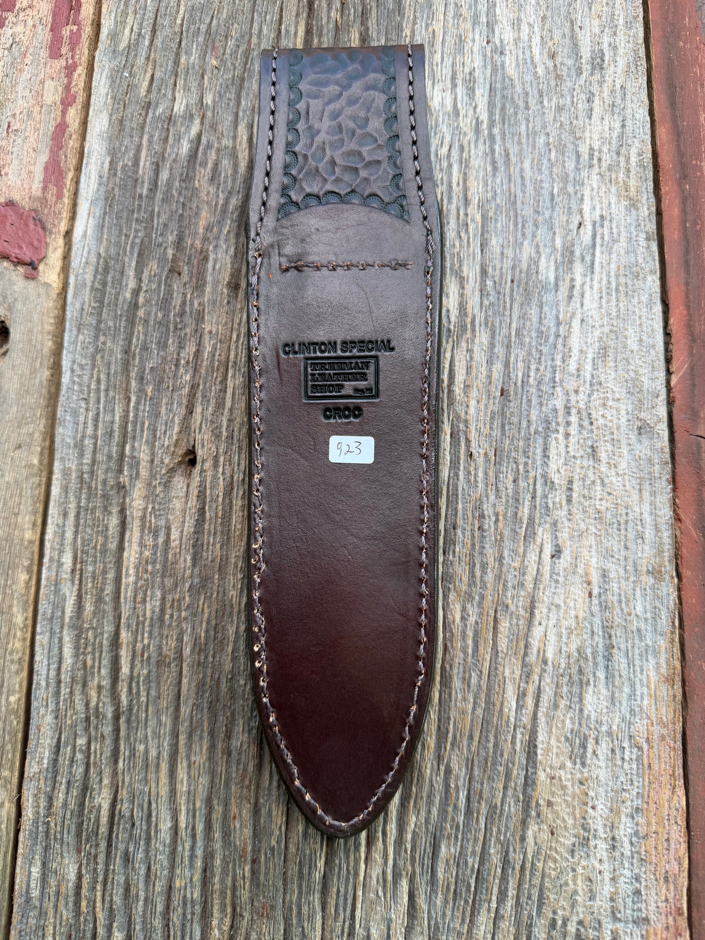 New Randall Model TC Clinton Special Sheath in Exotic Chocolate Brown Matte Crocodile Tail from Treeman with the newest Black Canteen snap. Killer sheath.