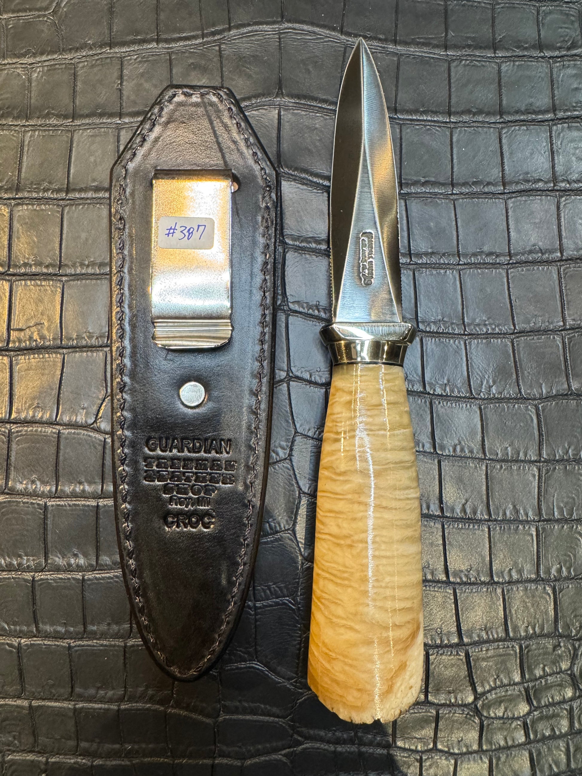 Randall Model 24 “Guardian” Sheath in Exotic Army Green Crocodile by Treeman. (Sheath only)