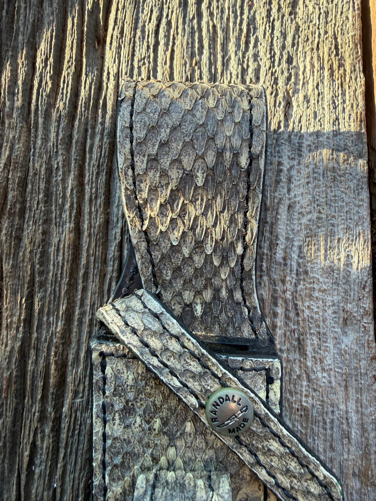 NOTE : Item is part of my personal Collection. Adding to cart will not result in sale.Very Rare Randall Sullivans by Gutcher Exotic Full Rattlesnake Knife Sheath and stone pouch for a Bowles Special. Randall Snap, Diamond inlay pattern.  Full Rattlesnake.