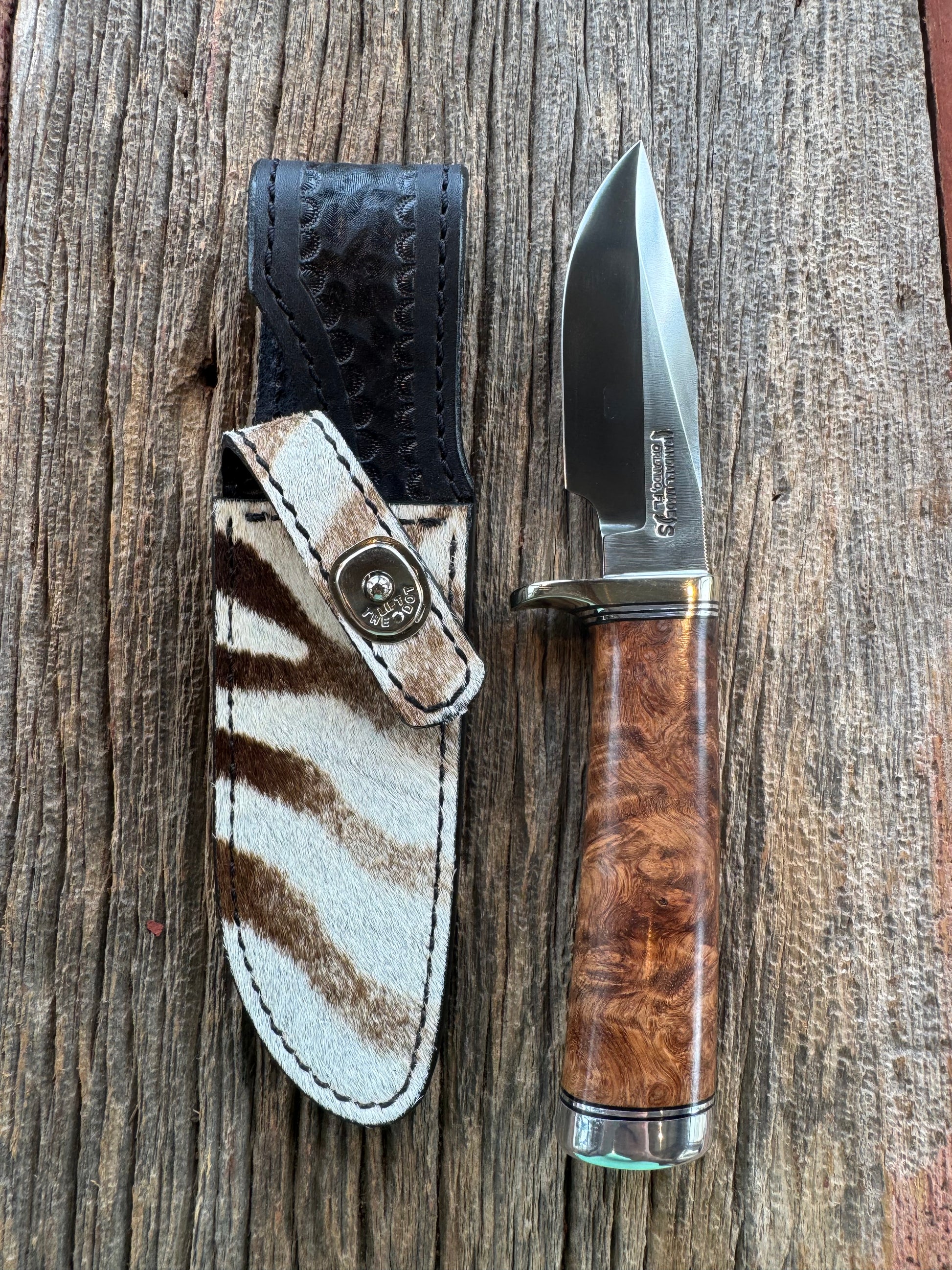 Randall Knife Model 23 Amboyna Burl wood Handle, Stainless Steel blade, Nickel Silver hilt and Butt cap. Exotic Zebra Sheath.