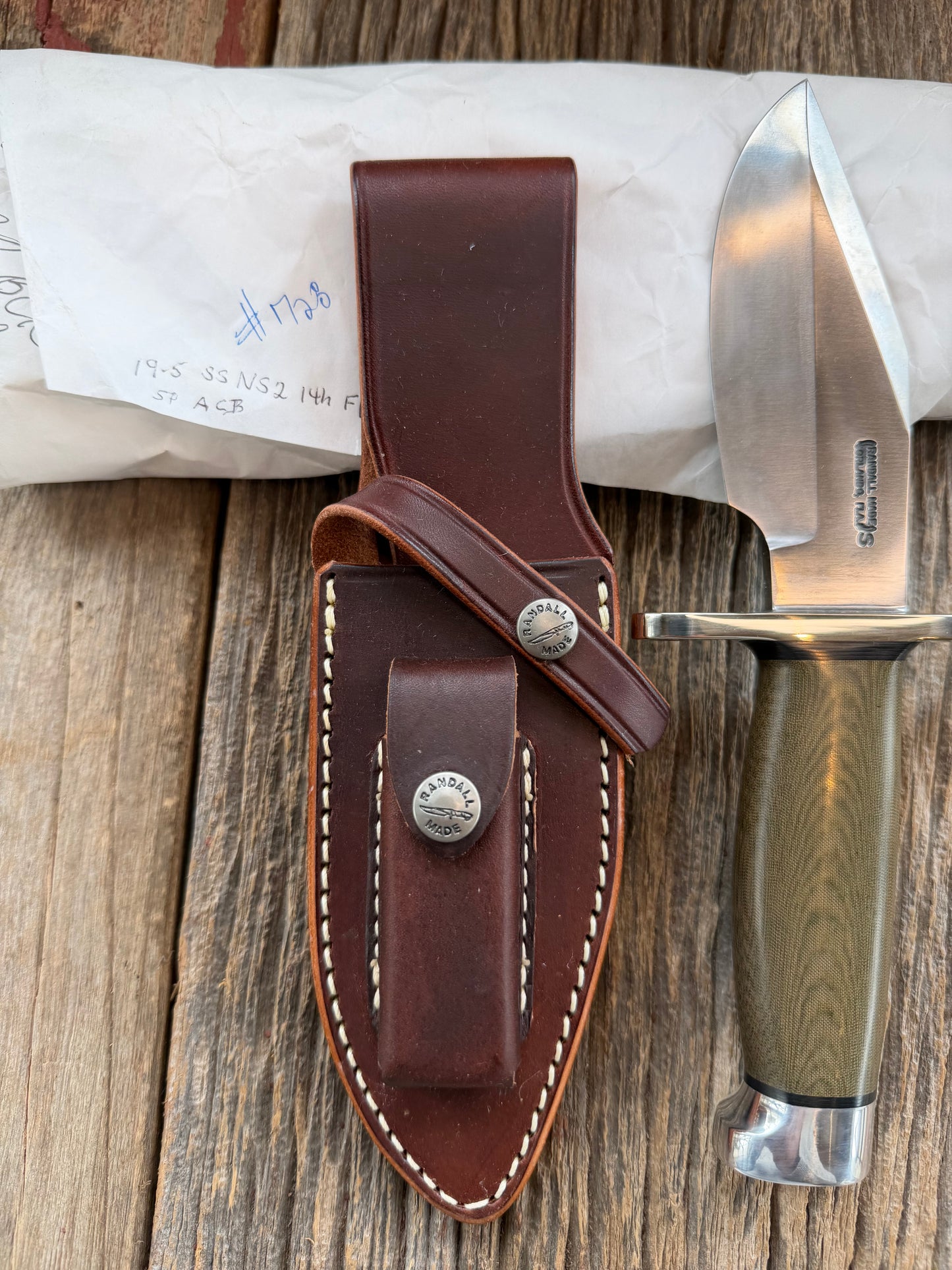 New Paper Randall Made Knife Model 19-5 Green Micarta Stainless Nickel Hilt