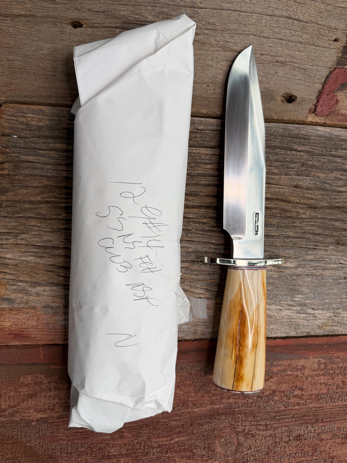 New in Paper Randall Knife Model 12-9 beautiful Fossil walrus handle, incredible colors (creams, browns , oranges) Double Nickel Silver hilt, nickel plate, Stainless Steel, RWB spacers