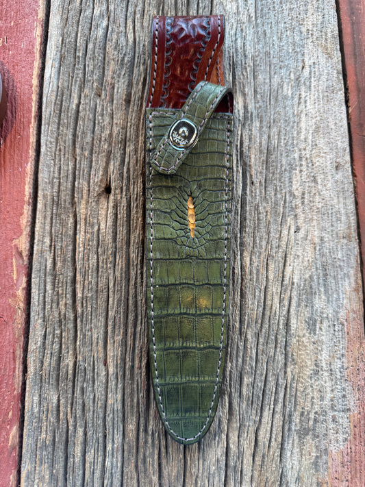 Randall Model 2-8 Sheath in Exotic Army Green Crocodile Anus from Treeman.