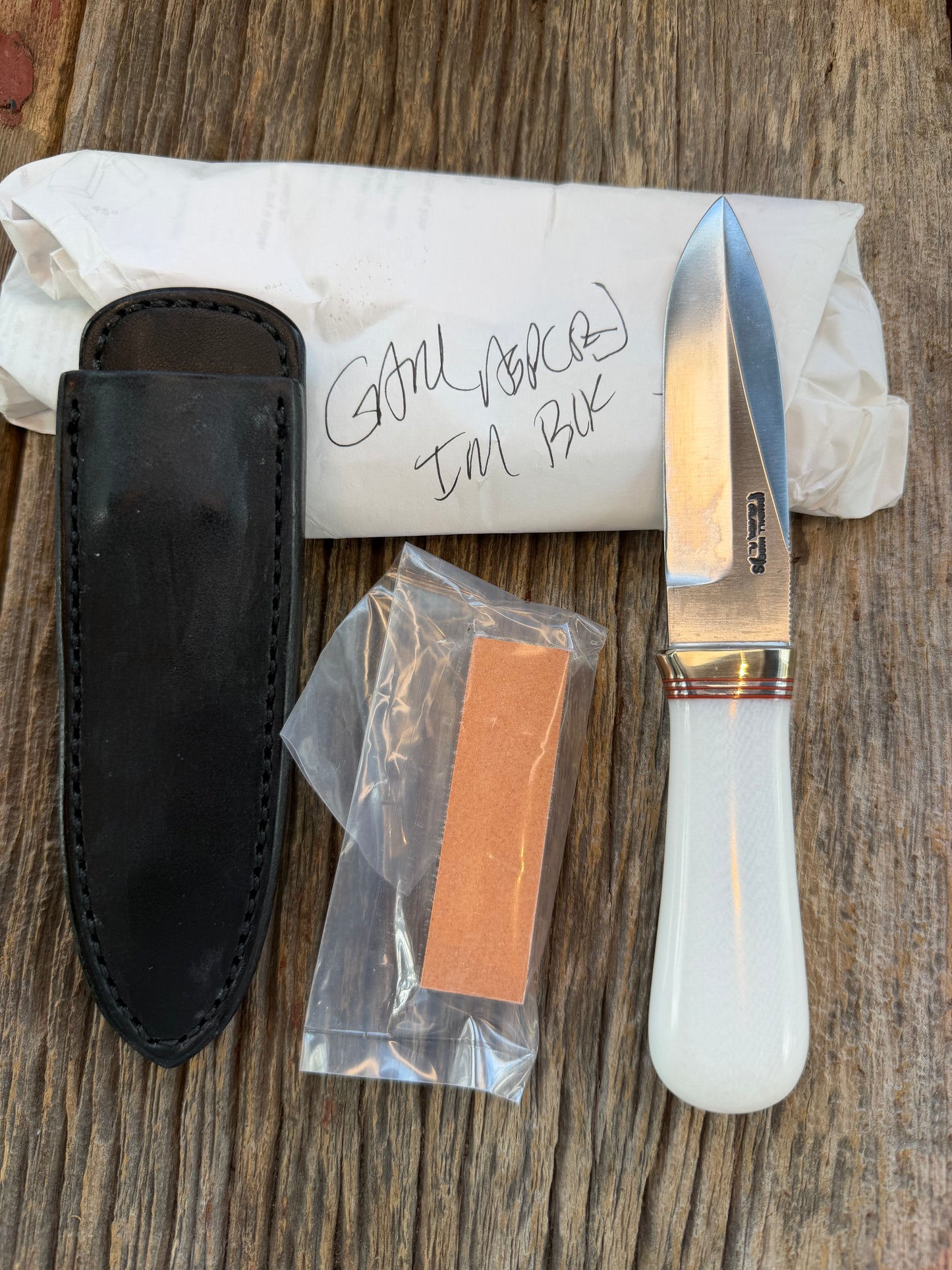 New in Paper Randall Model “Gambler” 4 Inch in Ivorite Nickel hilt, Stainless, red and Aluminum spacers.