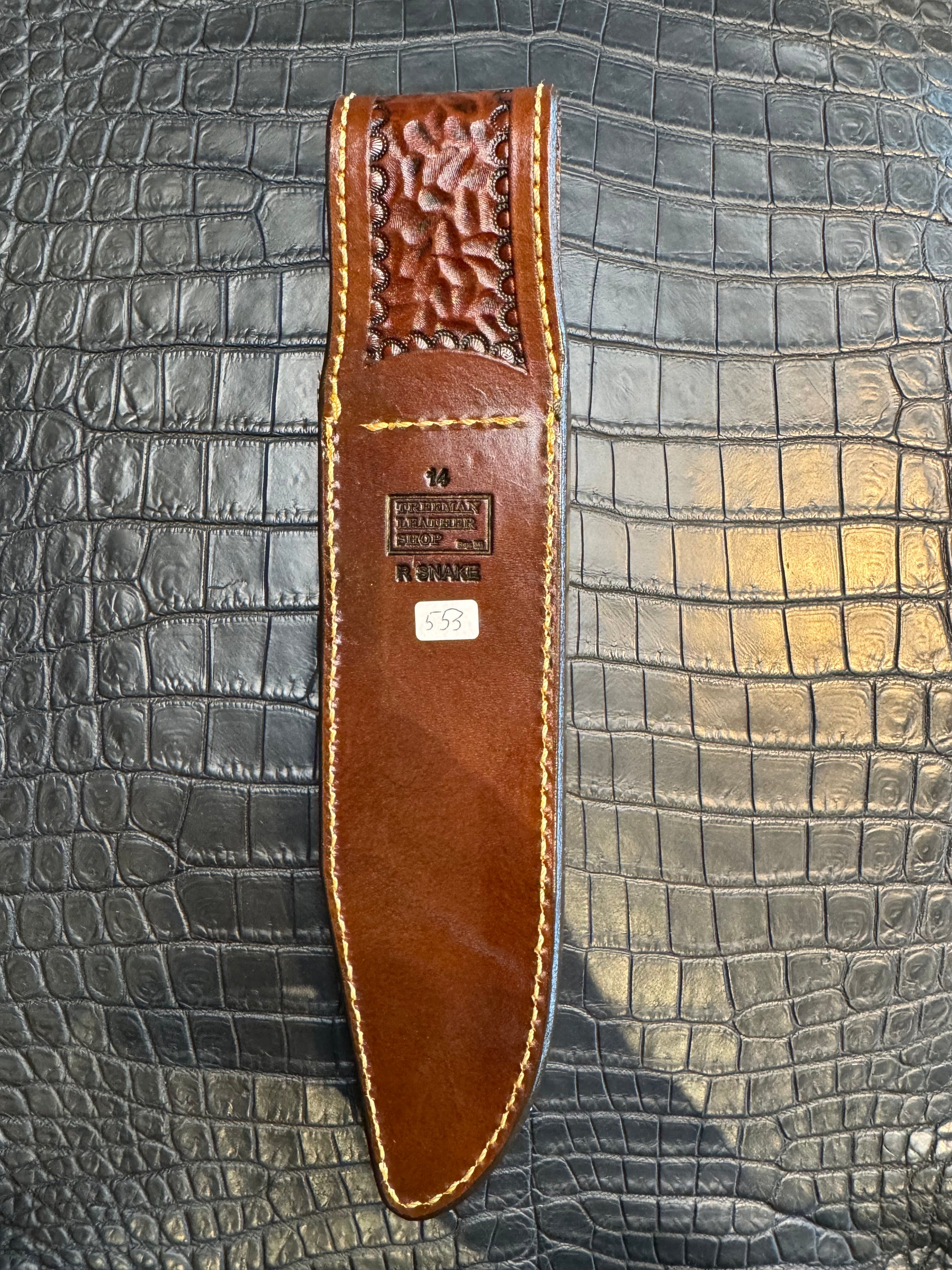 Randall Model 14 in rare Rattlesnake, Straight hilt, Canteen Snap, full brass stamping and stitching.