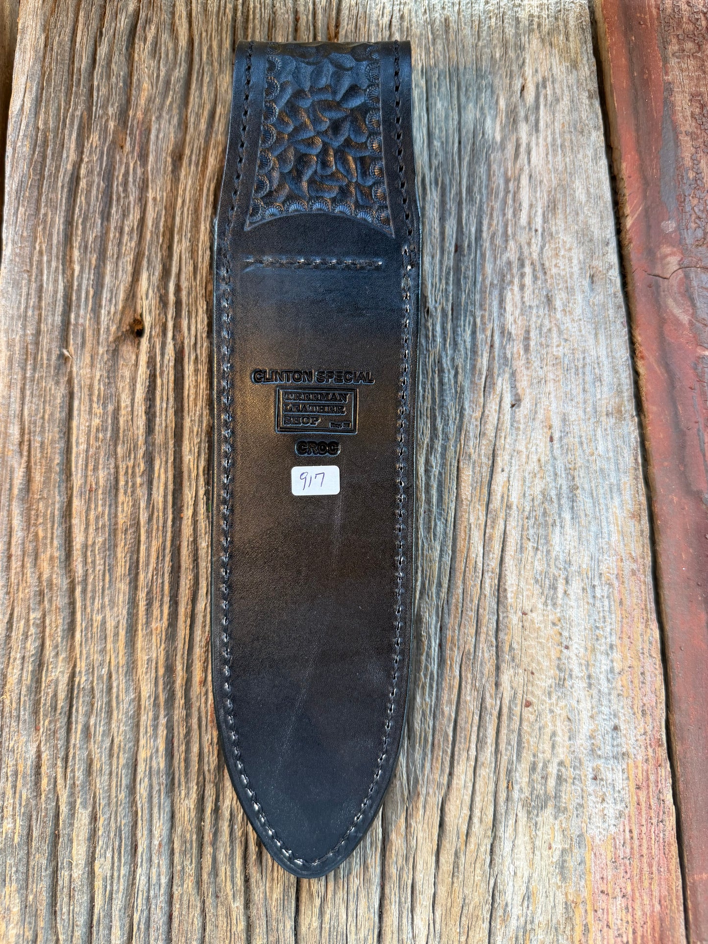 New Randall Model Clinton Special Sheath in Exotic Black/Grey Matte Crocodile from Treeman with the newest Black Canteen snap.