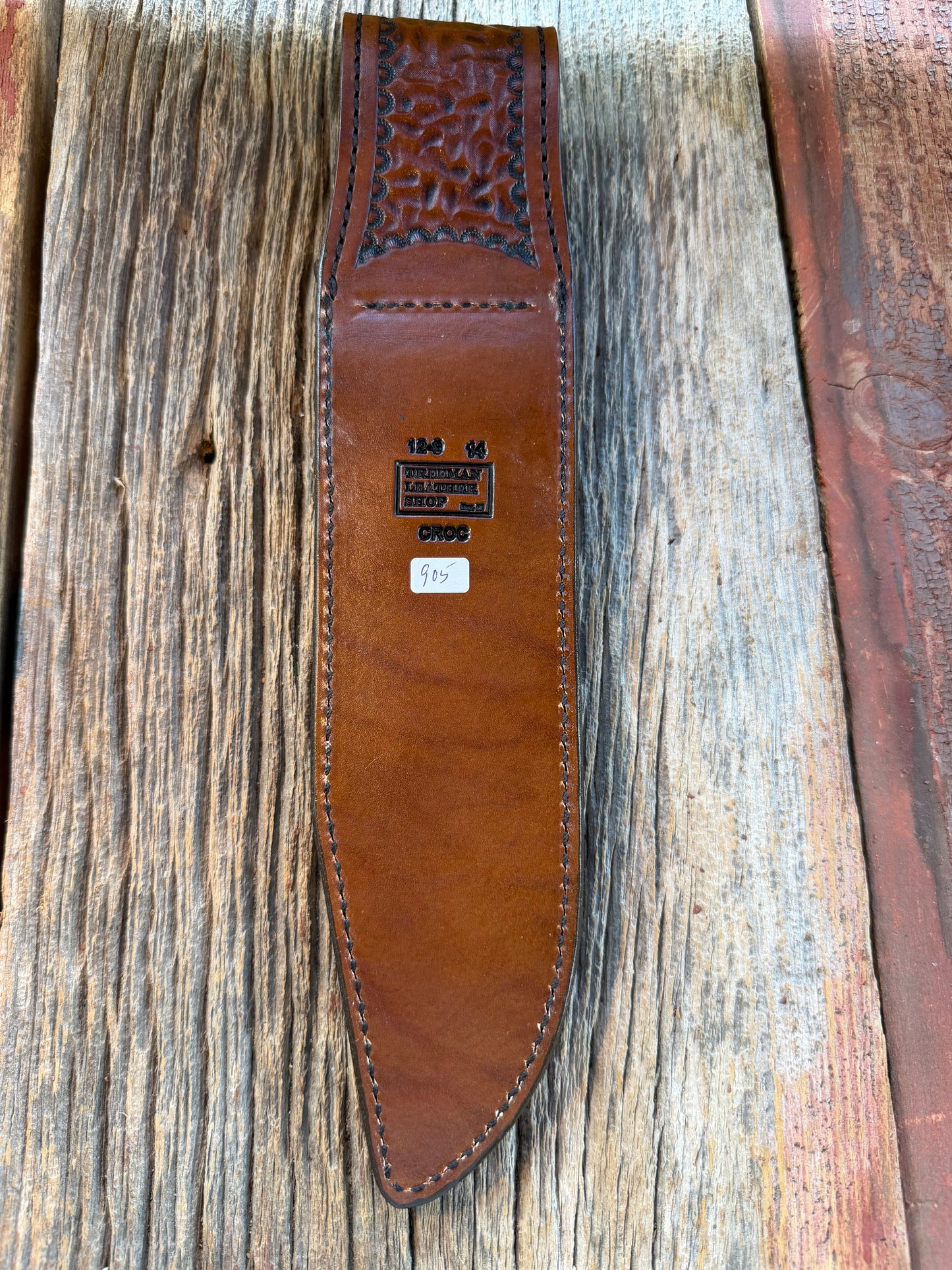 New Randall Model 12-9 Sheath in Exotic Dark Brown Sueded Crocodile from Treeman with the newest Black Canteen snap.