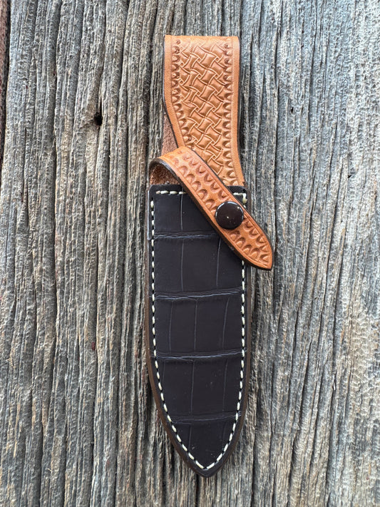 New Randall Model Combat Companion Sheath in Exotic Brown Natural Croc with full leather hand tooled belt loop. Custom Made at Sullivan’s by Gutcher.