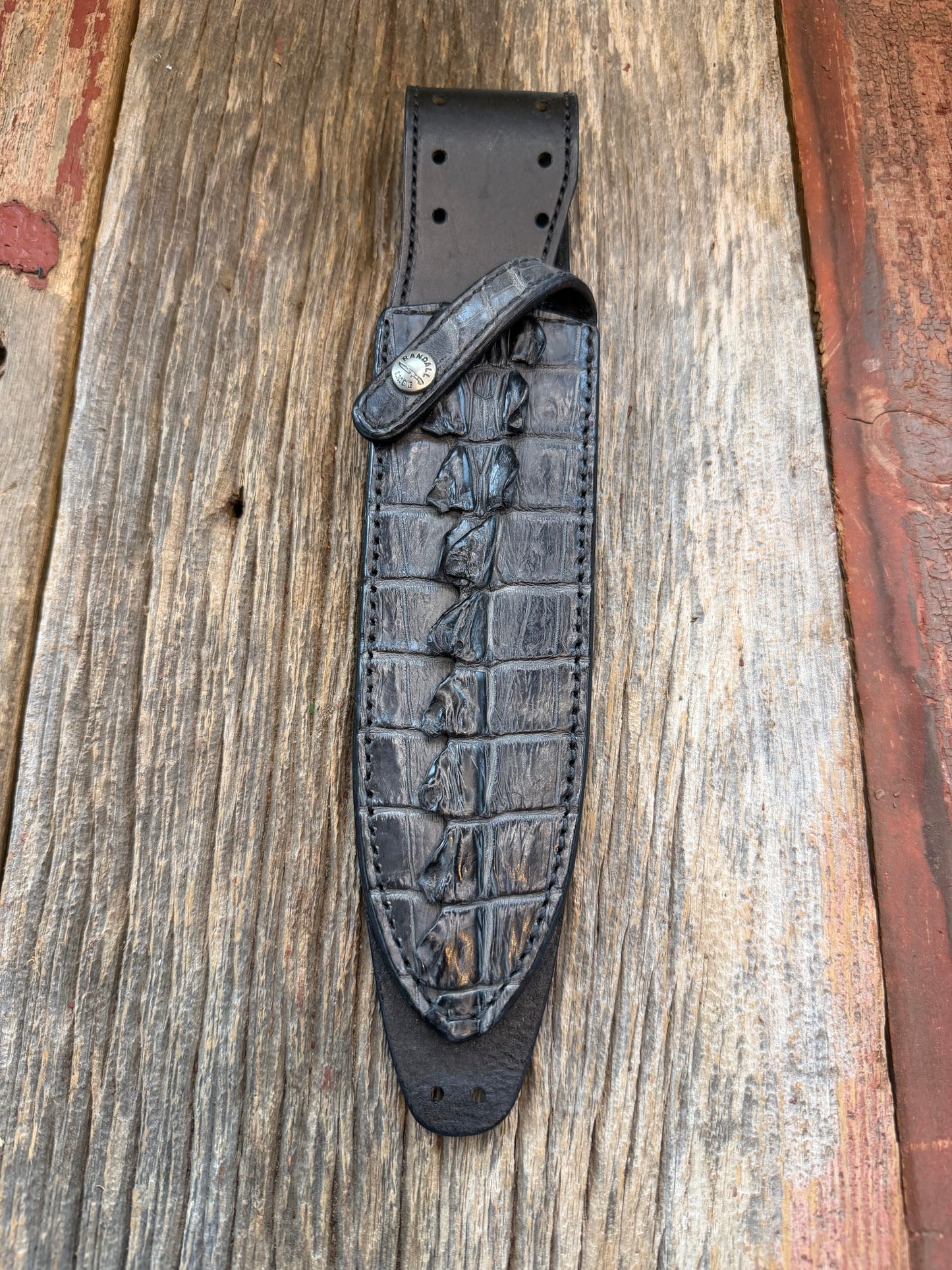Randall Model Clinton Special Sheath in Exotic Black Crocodile tail Custom Made at Sullivan’s by Gutcher.
