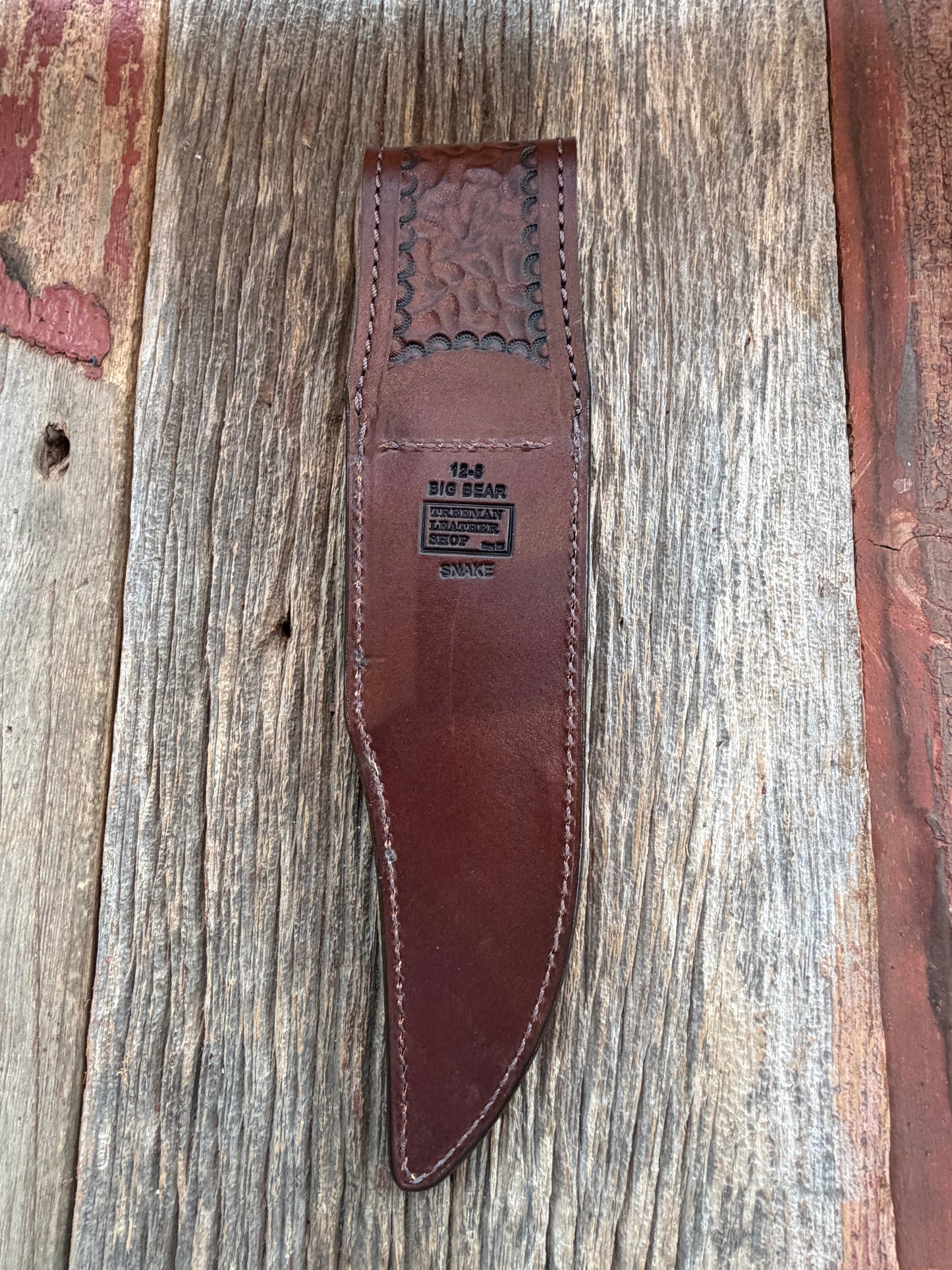 Randall Model 12-8 Big Bear Sheath in Exotic West Texas Yellow Gopher Snake from Treeman Sheaths.