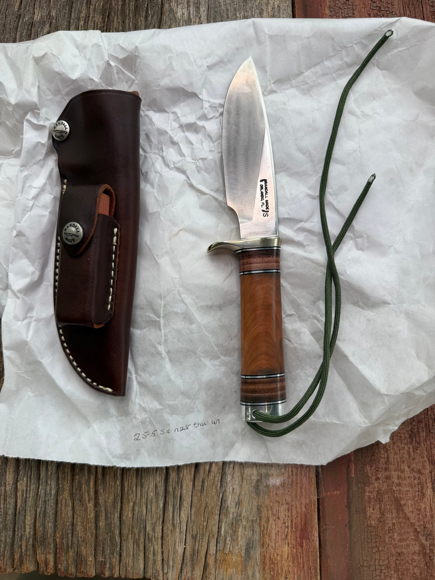 New in paper Randall Knife Model 25-5 Trapper in Thuya Wood and Leather Handle Stainless Blade, NSH Hilt