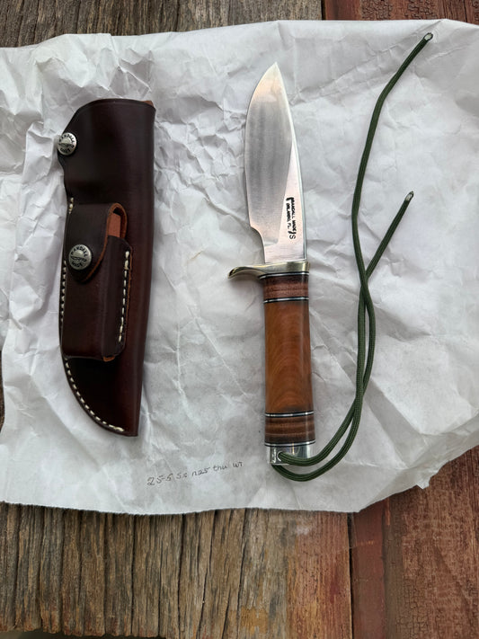 New in paper Randall Knife Model 25-5 Trapper in Thuya Wood and Leather Handle Stainless Blade, NSH Hilt
