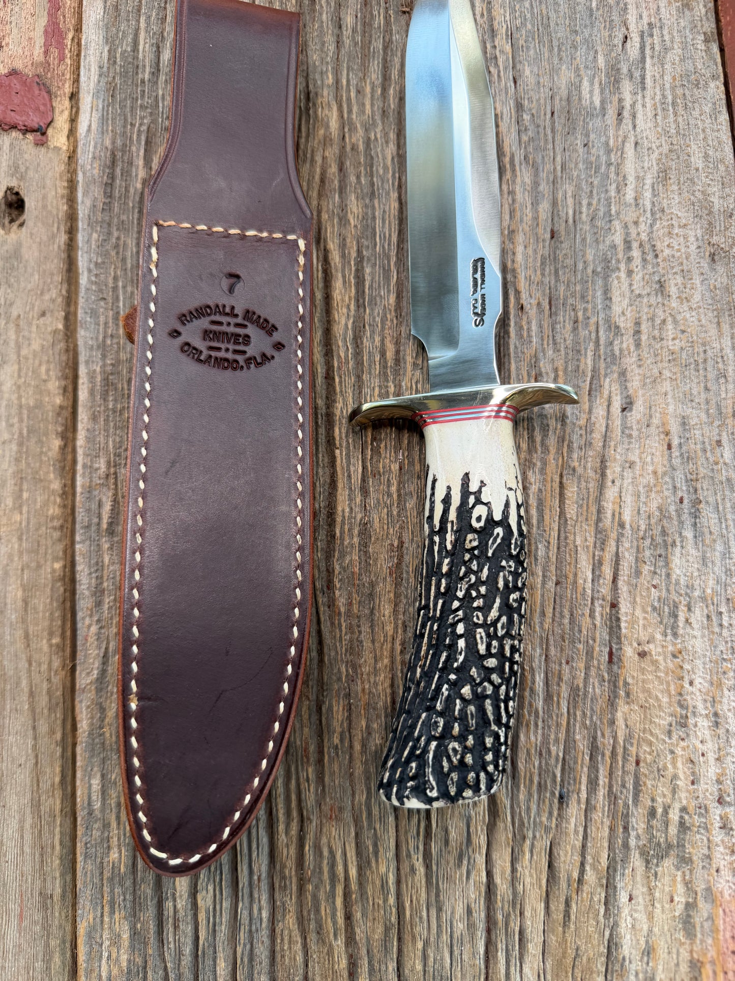 Randall Model 1-7 Popcorn Stag Stainless Nickel Silver Hilt Natural end Red and Aluminum Spacers
