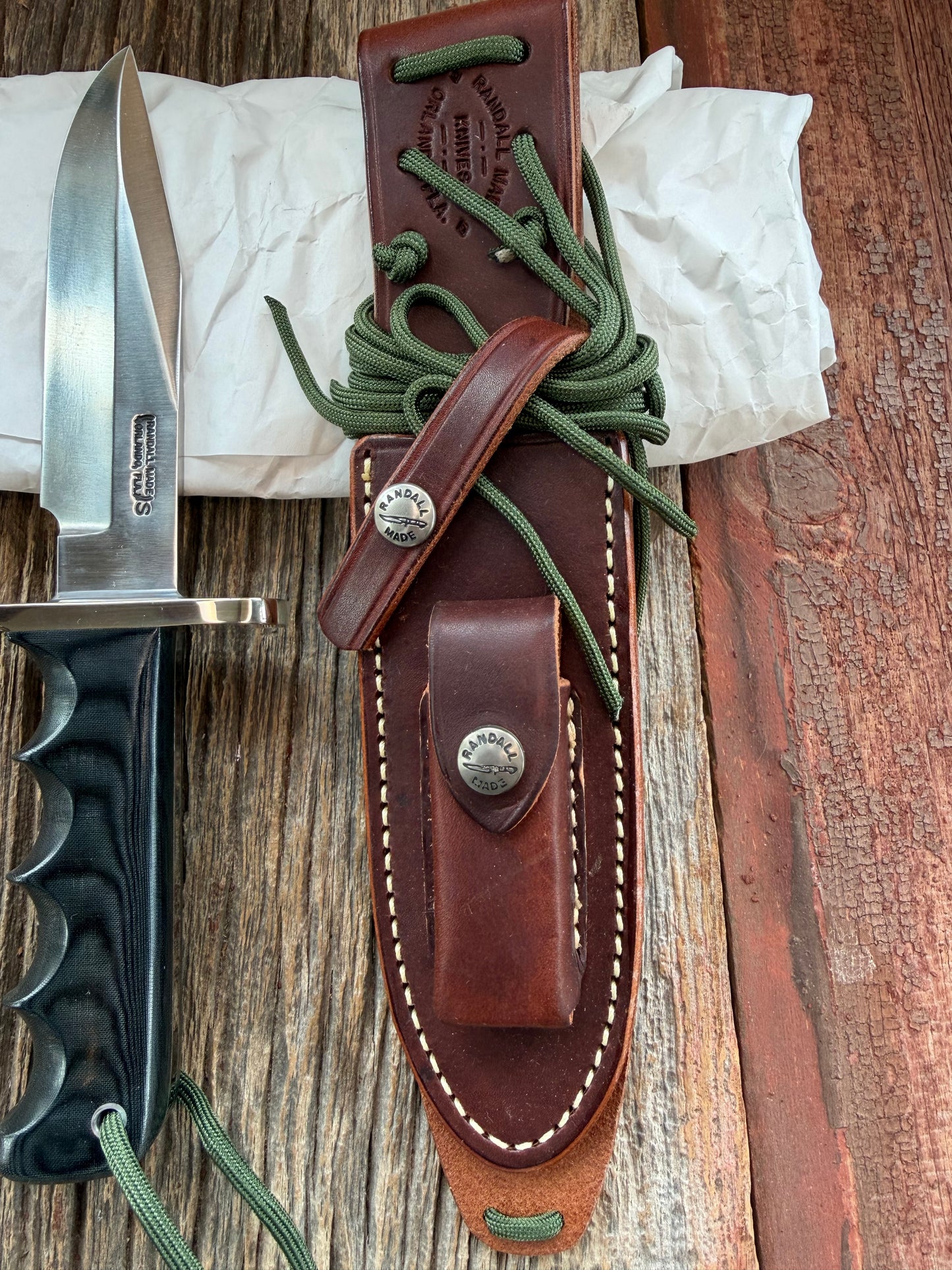 New Randall Knife Model 15 Airman Stainless Steel, Black Micarta, finger grooves.