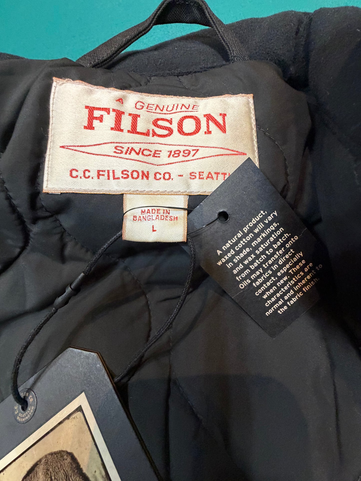 NWT Filson TIN CLOTH PRIMALOFT® JACKET in Black in a size Large NWT