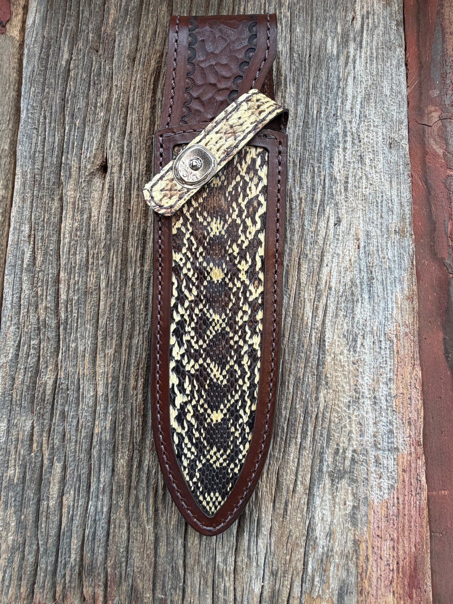 Randall Model Clinton Special Sheath in Exotic West Texas Yellow Gopher Snake from Treeman Sheaths. Incredible color on this one!!