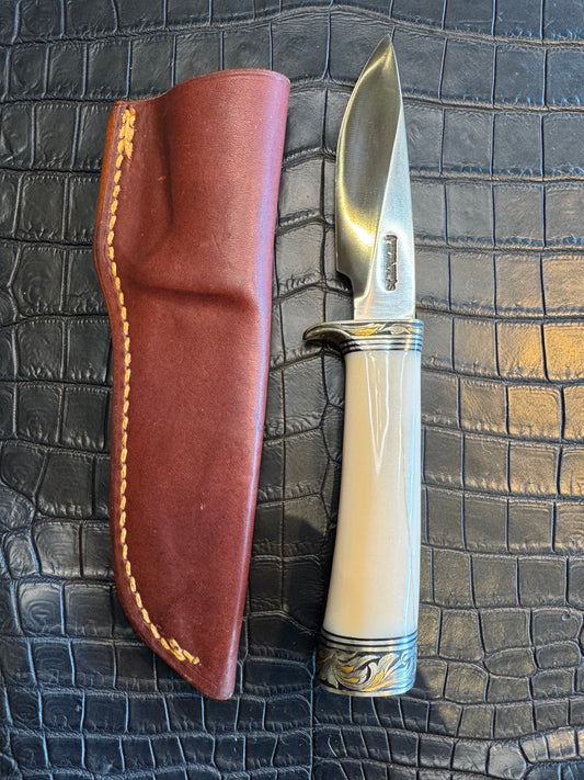 Randall Model 26 in Elephant Ivory, Gold and Silver Engraved, Nickel Silver Single Hilt and Butt cap fully engraved.