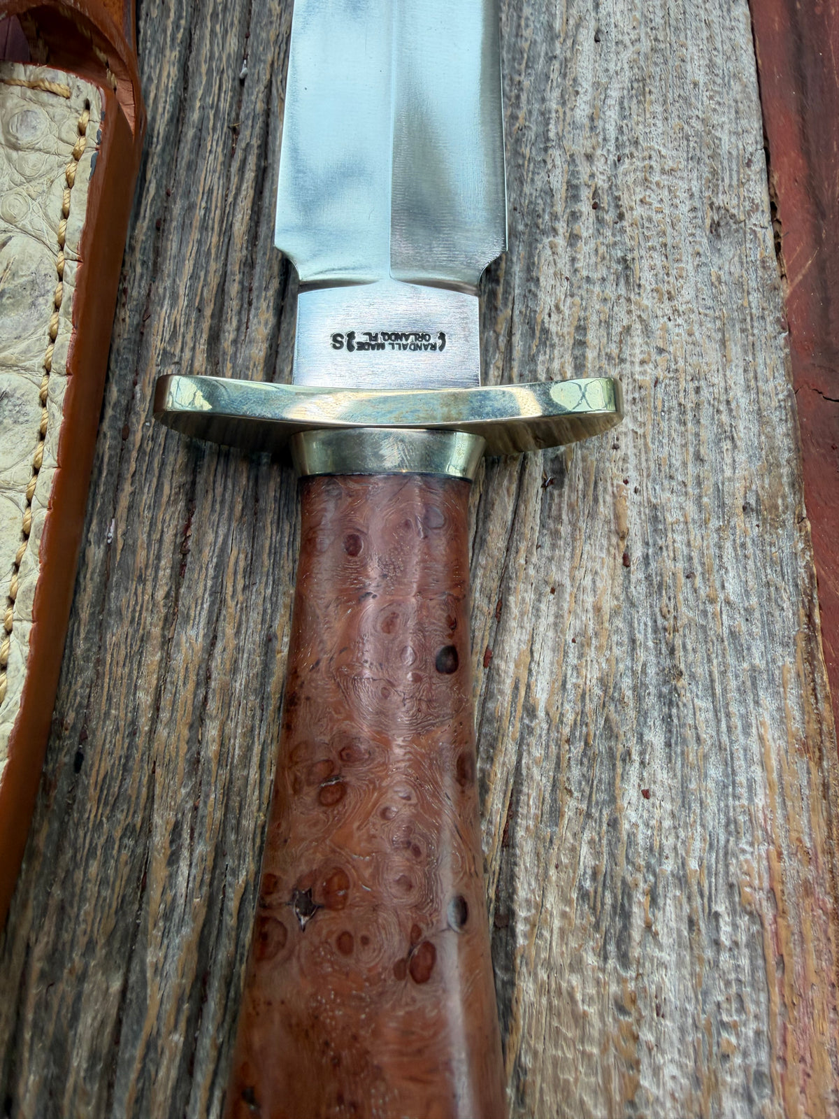Randall Knife Clinton Special TC Nickel Silver Hilt and Collar, Stainless Steel, Thuya Burl, aluminum butt cap. Cream Croc Sheath.