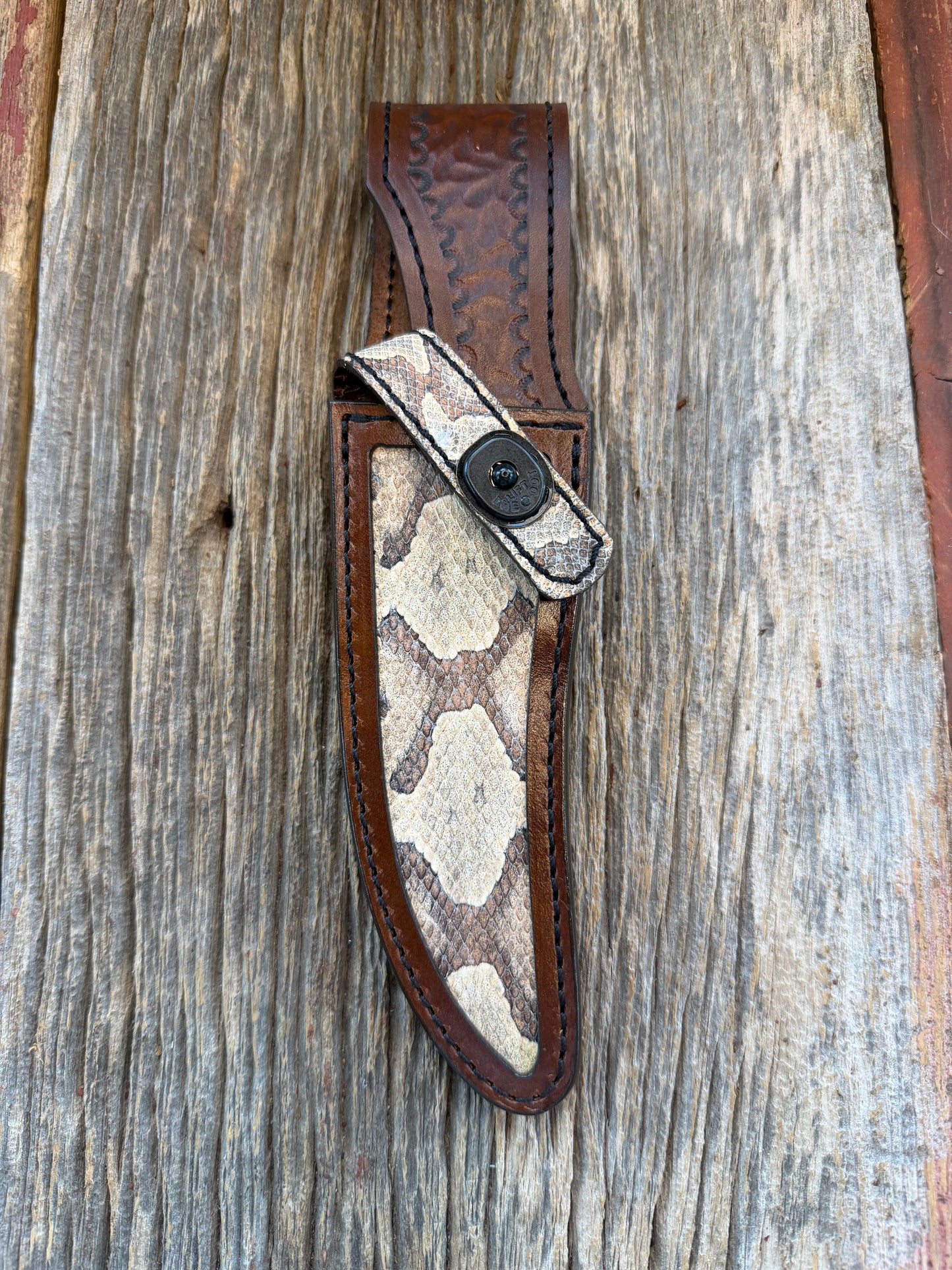 Randall Model 27 Sheath in Exotic Southern Copperhead from Treeman Sheaths. Black Canteen Snap. Stunning colors and pattern.