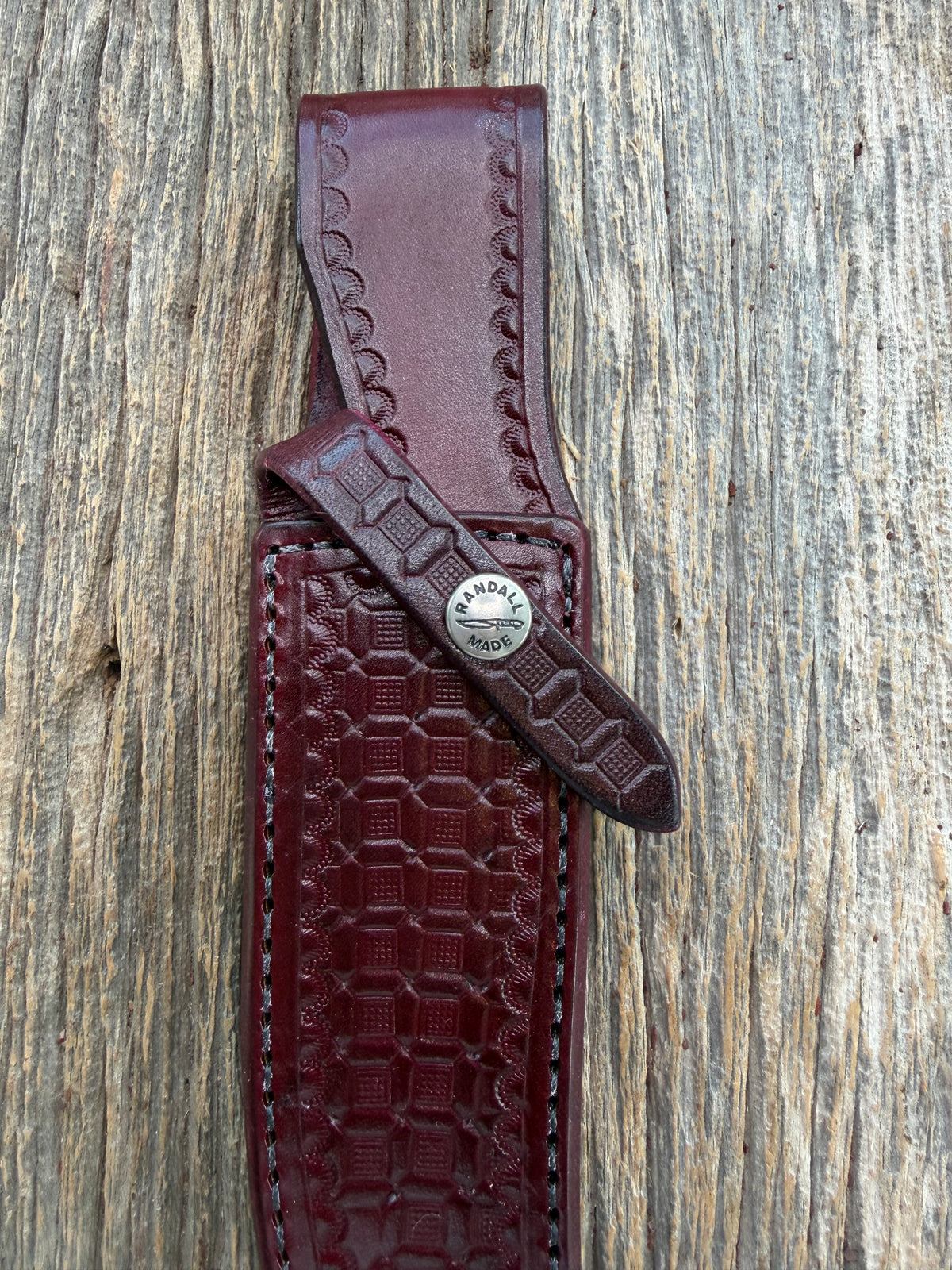 Rare Randall Sullivans by Gutcher Knife Sheath for a Model 12-6 curved hilt. Ox Blood Red leather  with a beautiful  basket weave pattern. Randall Snap and stamp on the back.