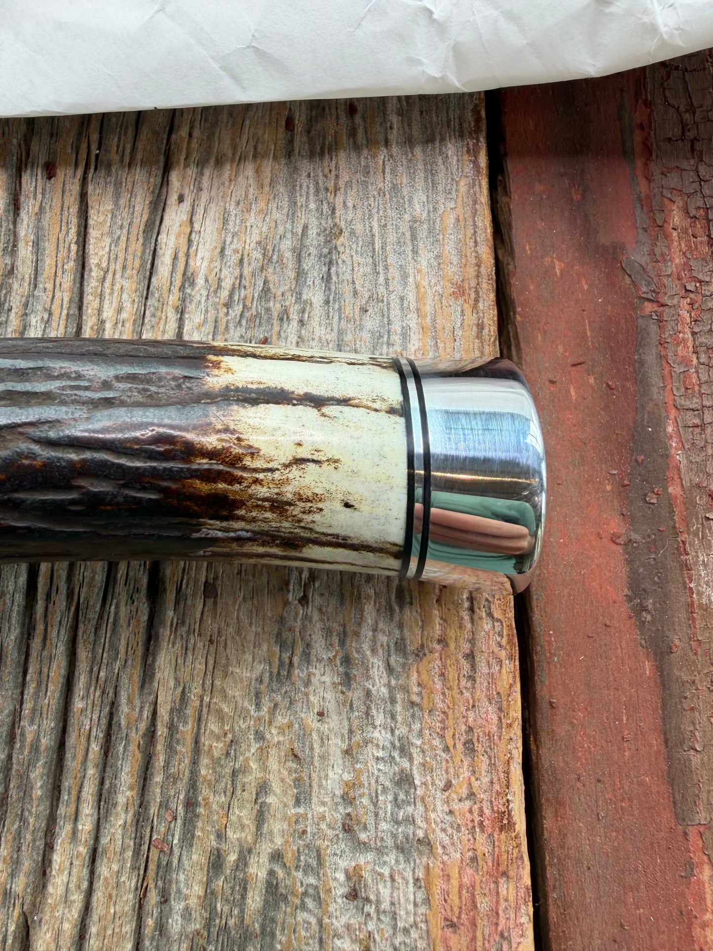 New in Paper Randall Made Knife Model 1-8 Stag , Stainless, Black and Aluminum spacers, Nickel Silver Hilt, Aluminum butt cap.