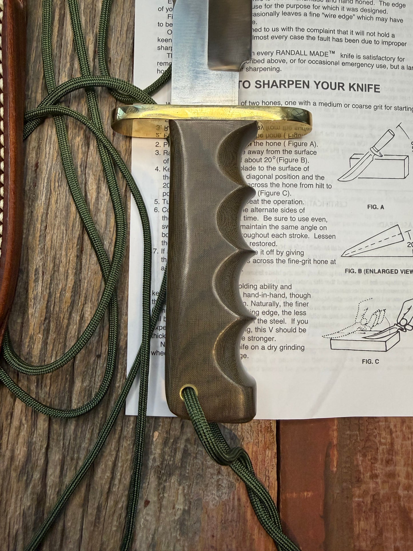 New Randall Knife Model 15 Airman Stainless Steel, Green Micarta, finger grooves.