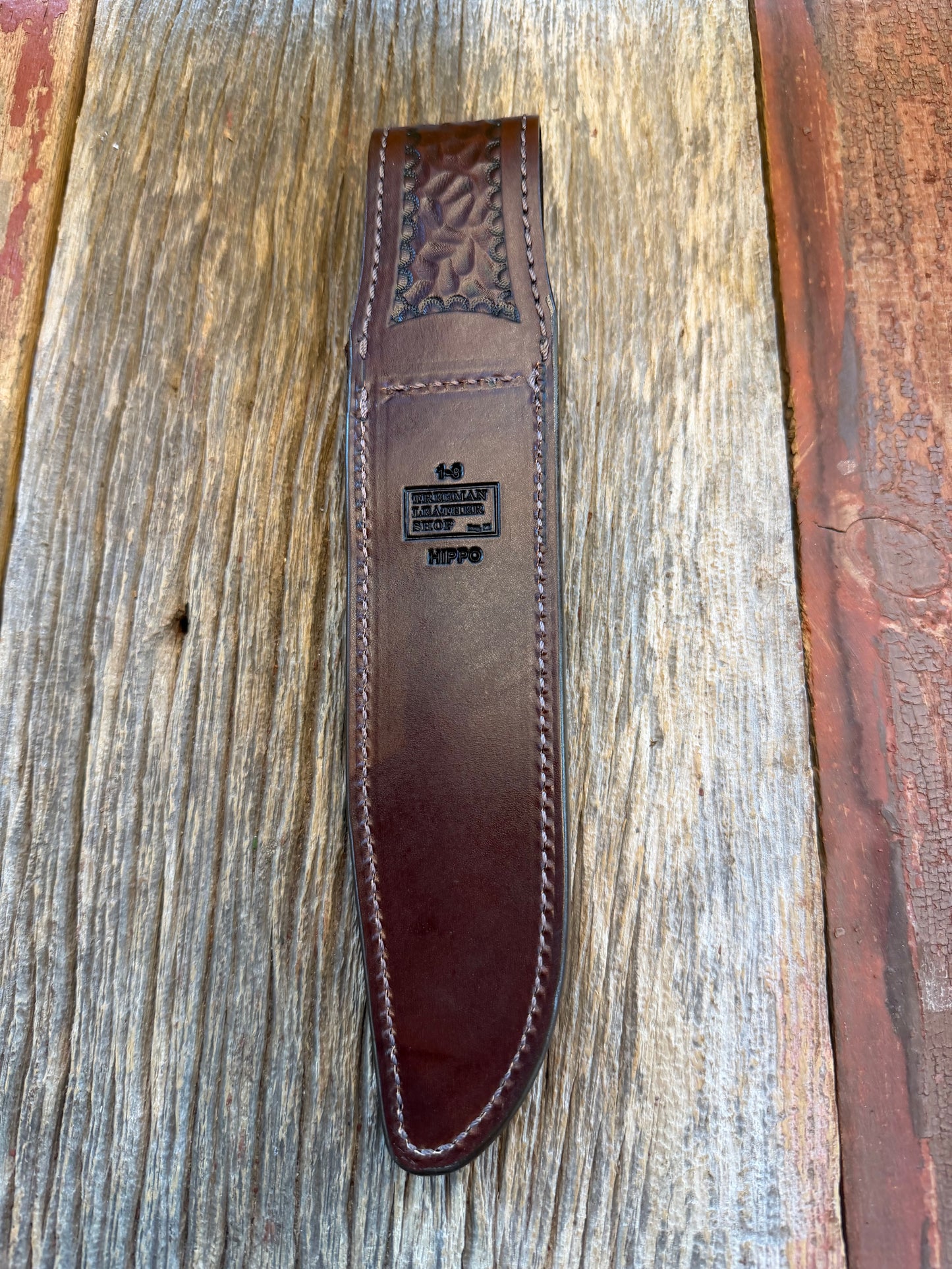 Randall Model 1-8 Sheath in Exotic Sueded Chocolate Brown Hippo by Treeman. Battle scars abound!!