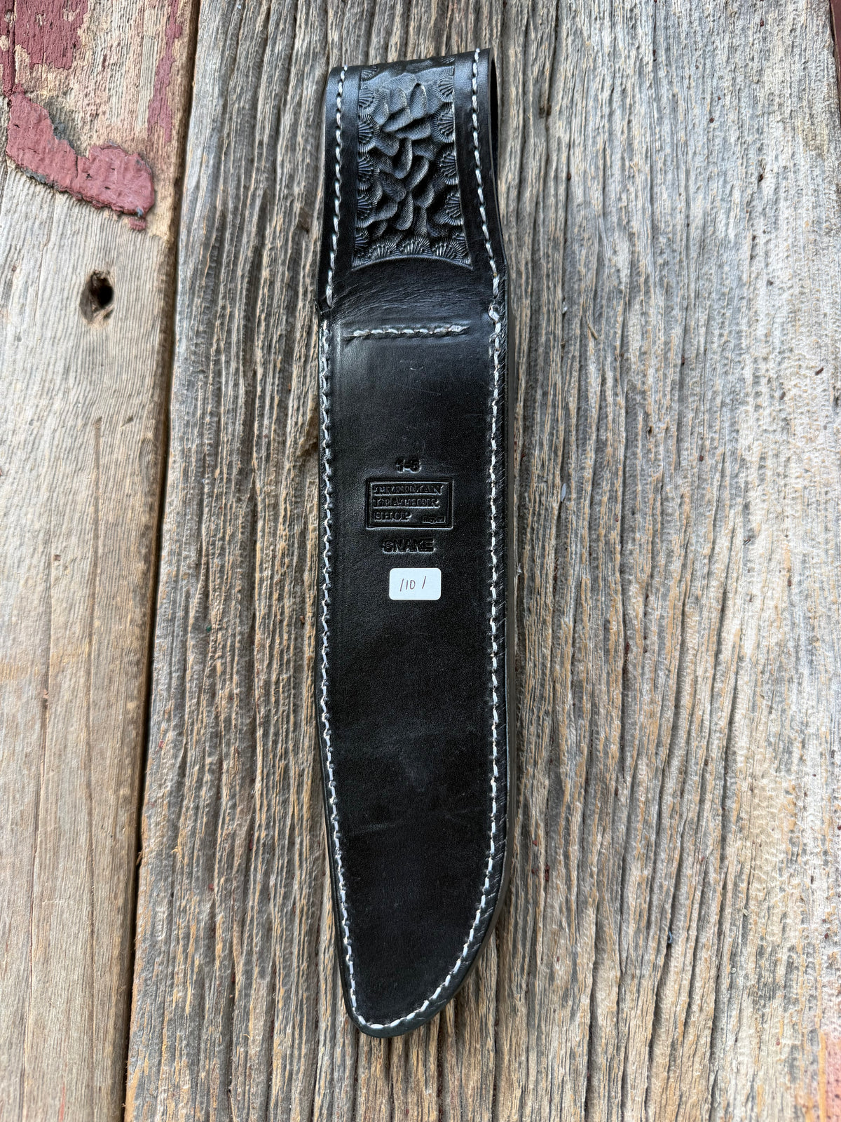 Randall Model 1-8 sheath with inlayed Western Diamondback RattleSnake skin from Treeman Sheaths. Brown leather, white deviated stitching and black canteen snaps.