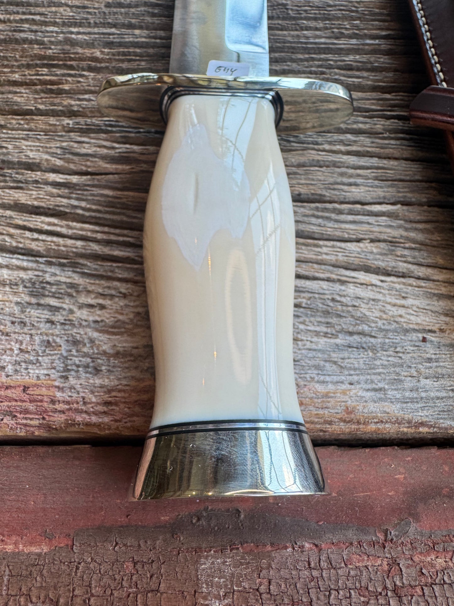 New in Paper Model 12-11 Confederate Bowie. Beautiful creamy Fossil Walrus Ivory with a Nickel  Silver forward curved hilt and butt cap. Unreal Scrim opportunity!! Blank Canvas..