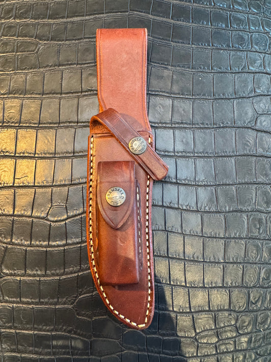 New unused Randall Model 3-5 Sheath in Brown Leather made at Sullivans by Gutcher in Tampa Florida. Official sheath maker for Randall Knives.