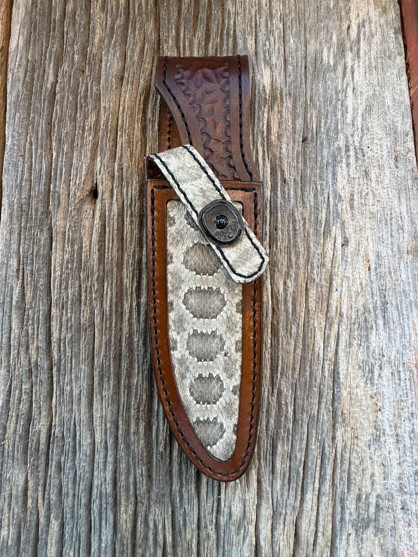 Randall Model Combat Companion Sheath in Exotic Prairie RattleSnake from Treeman Sheaths. Tremendous colors on this one.