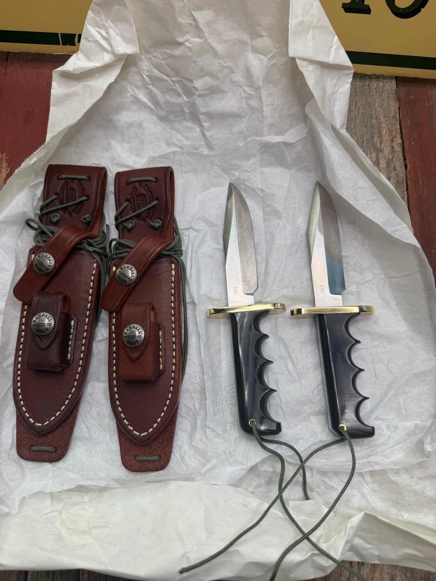New in Paper a Pair of Sequentially numbered Randall Made Knife Mini Model 14’s Attack Knife Black Micarta SN # 1413 and # 1414