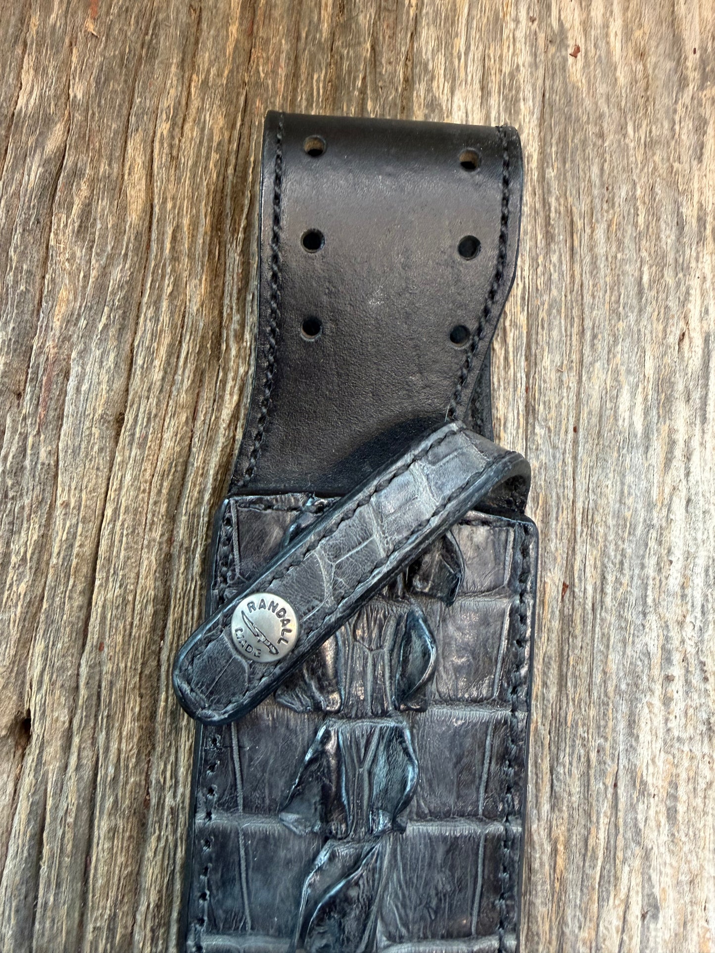Randall Model Clinton Special Sheath in Exotic Black Crocodile tail Custom Made at Sullivan’s by Gutcher.