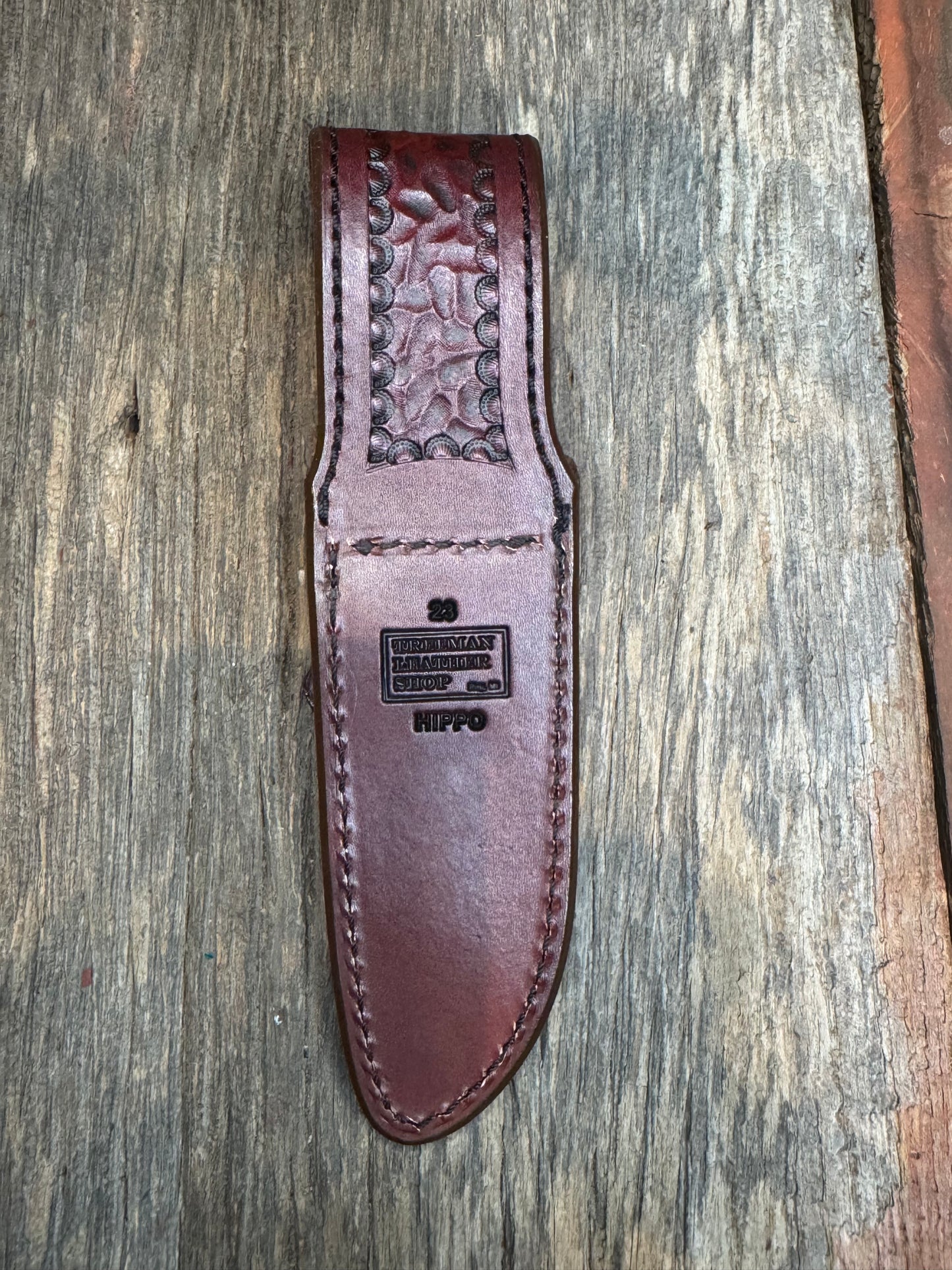 Randall Model 23 Sheath in Exotic Chocolate Hippo from Treeman.