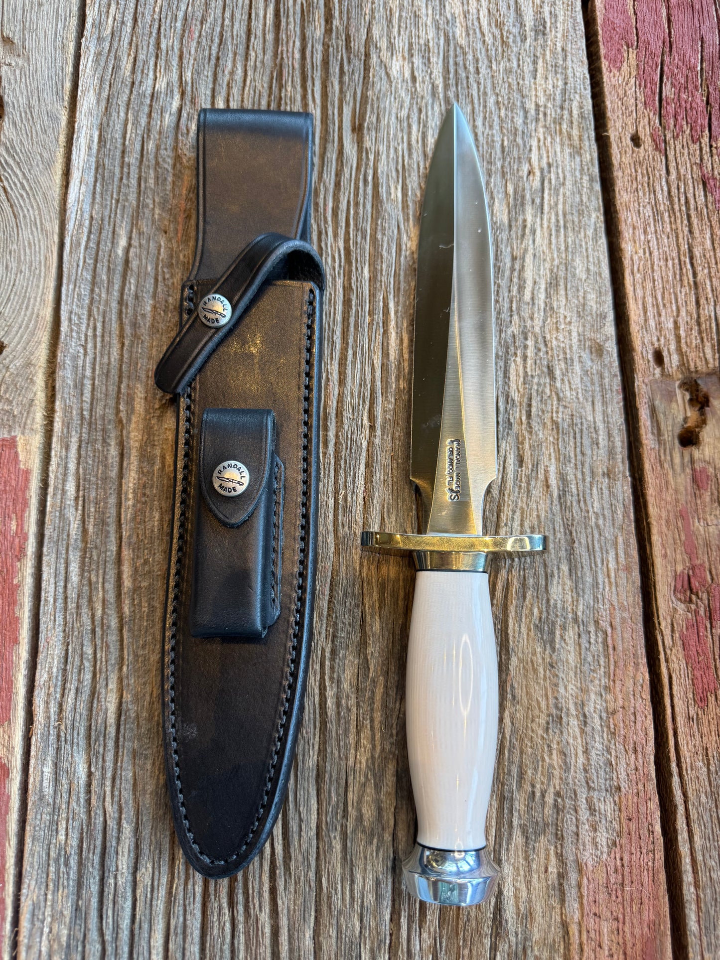 New Randall Knife Model 2-8 Warther Resin Ivory. Nickel Silver Hilt plus collar. Stainless Steel Blade, flanged butt cap.