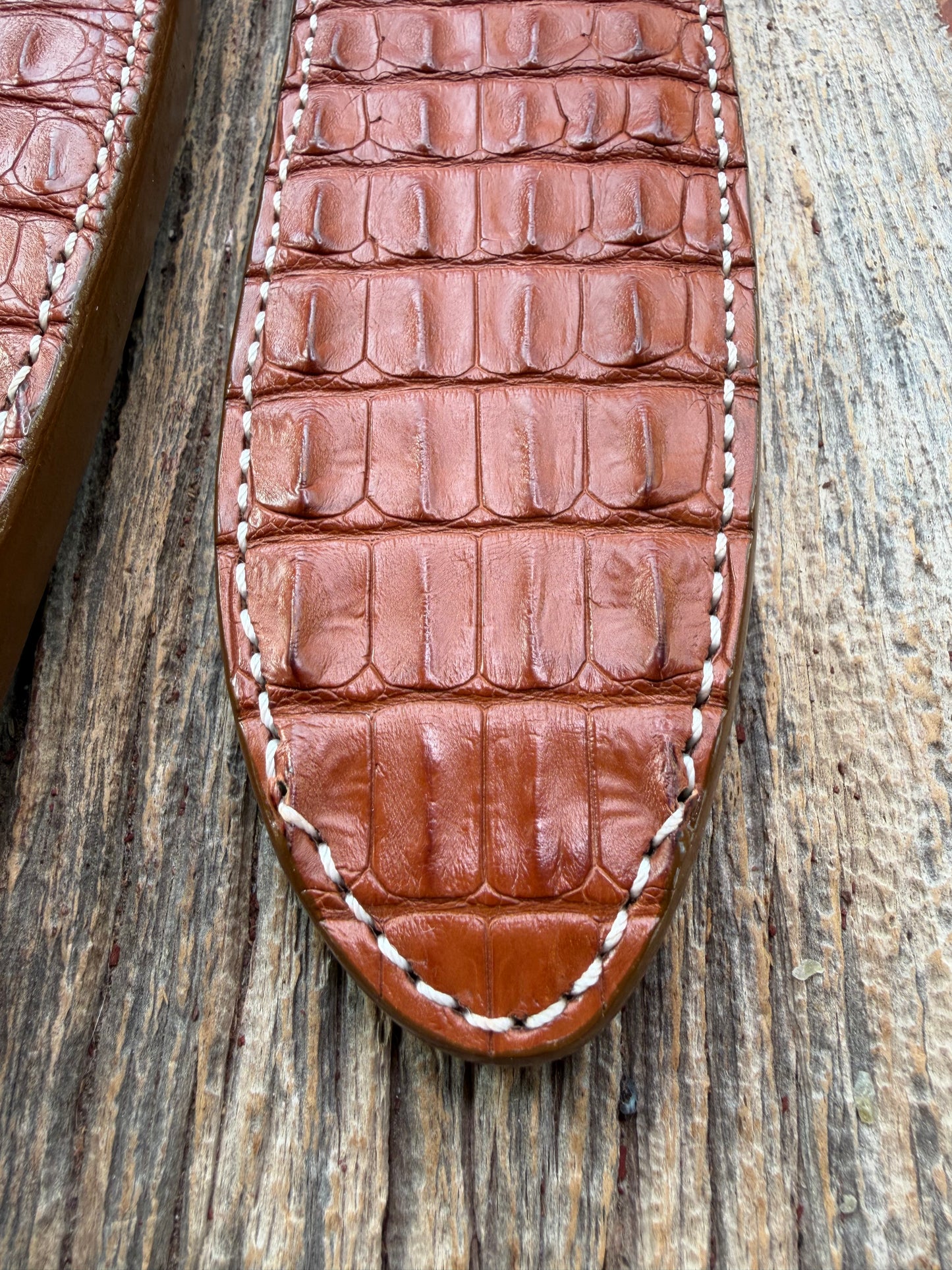 Pair of new Randall Model 12-11 Large and Small Sasquatch Sheaths in Exotic thick and textured Honey Crocodile skin ( skull portion) on brown leather from Treeman with a silver Canteen snap. Hand tooled belt loop. Killer sheath.