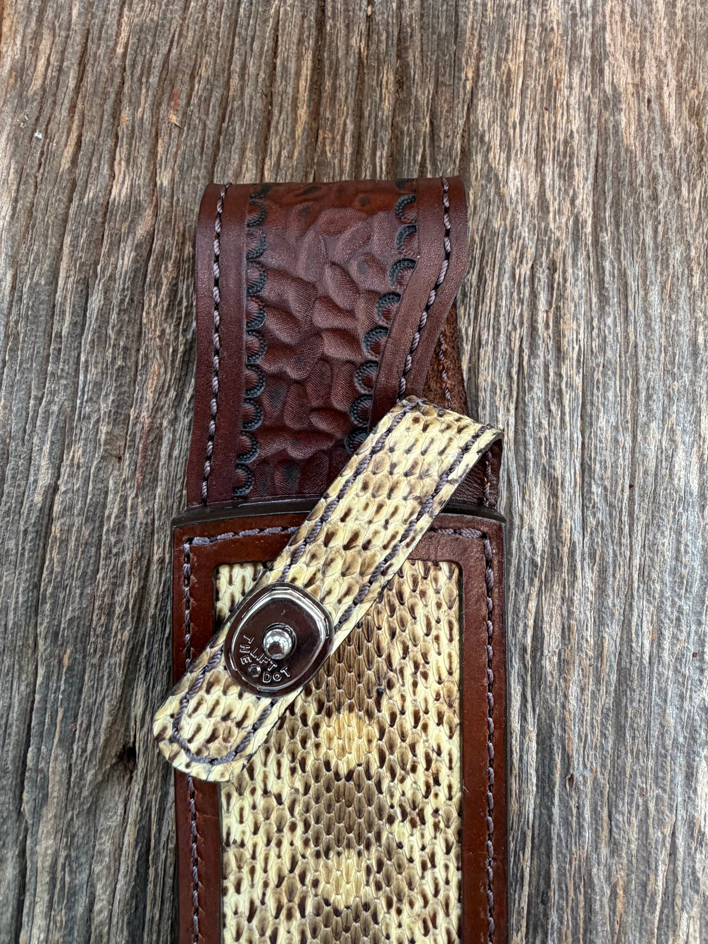 Randall Model 12-8 Big Bear Sheath in Exotic West Texas Yellow Gopher Snake from Treeman Sheaths.