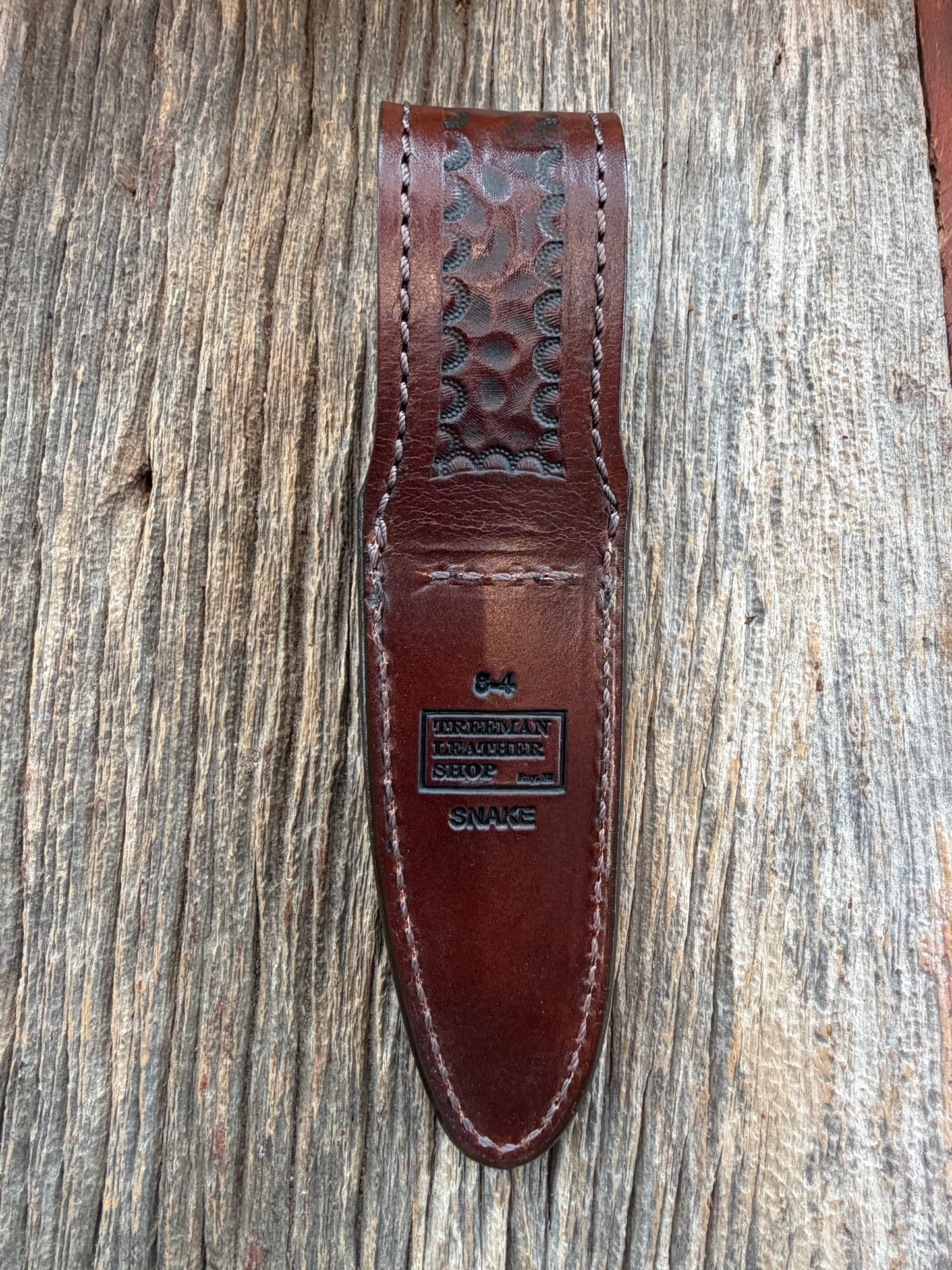 Randall Model 8-4 Sheath in Exotic West Texas Yellow Gopher Snake from Treeman Sheaths.