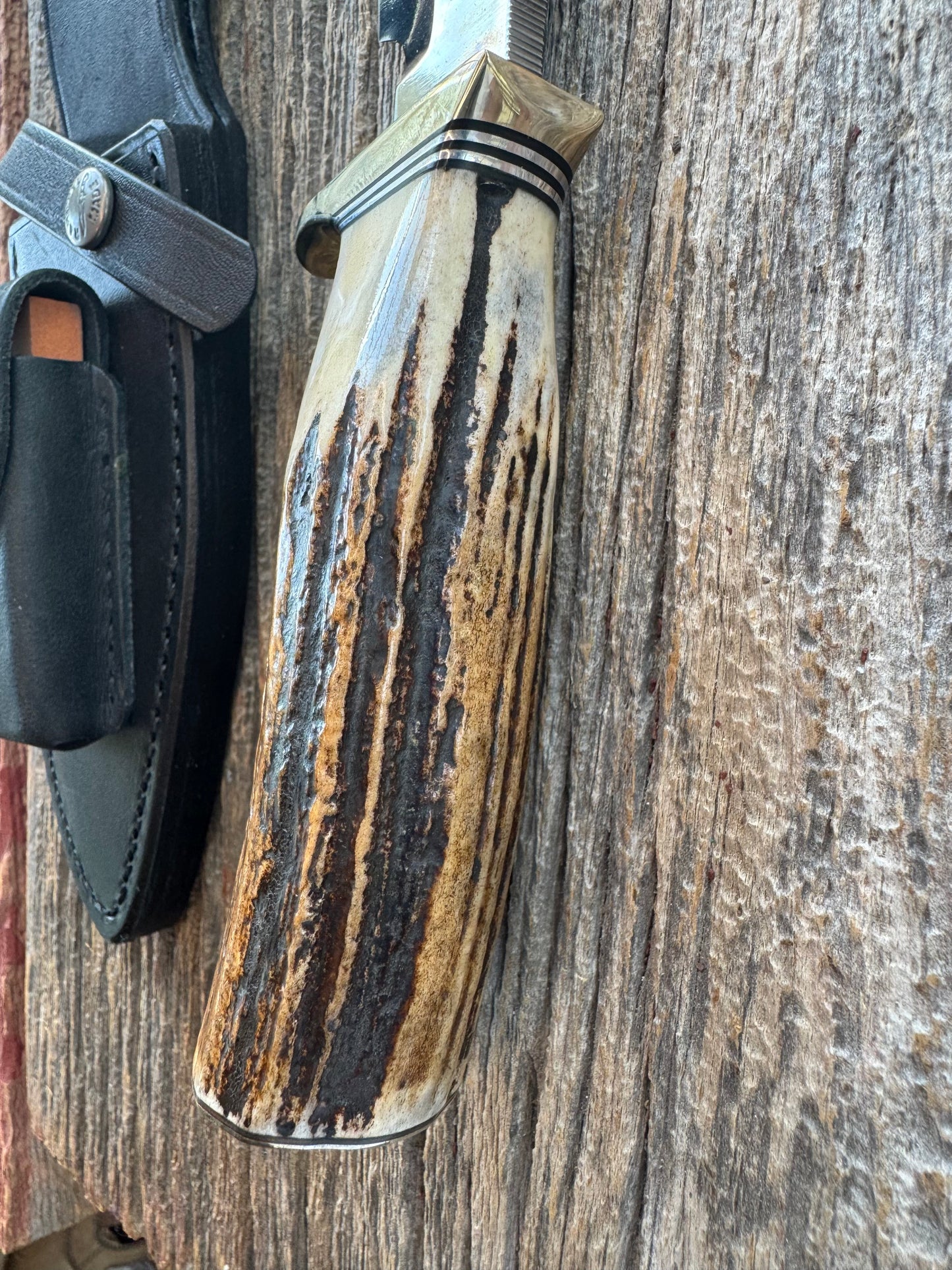 Randall Model 19-5 with a ruff and rustic piece of Stag. Nickel silver Single Hilt and Butt plate.