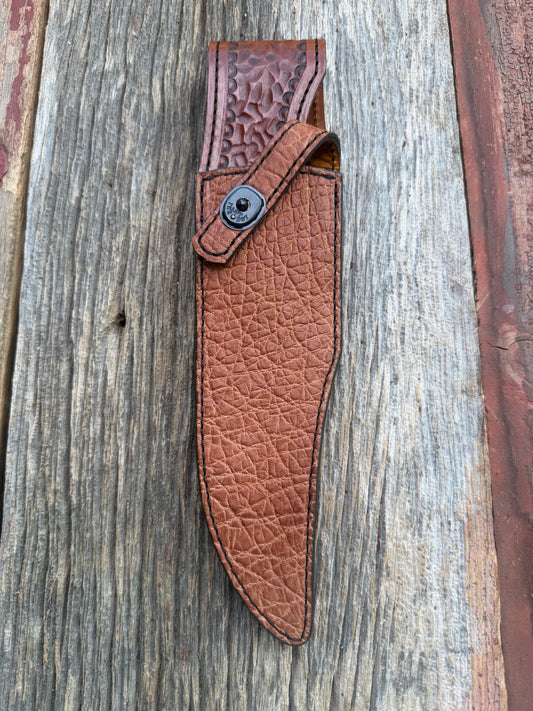 New Randall Model 12-8 Big Bear Sheath in Exotic thick and textured Rust colored Elephant hide on brown leather from Treeman with a black Canteen snap. Hand tooled belt loop. Killer sheath.
