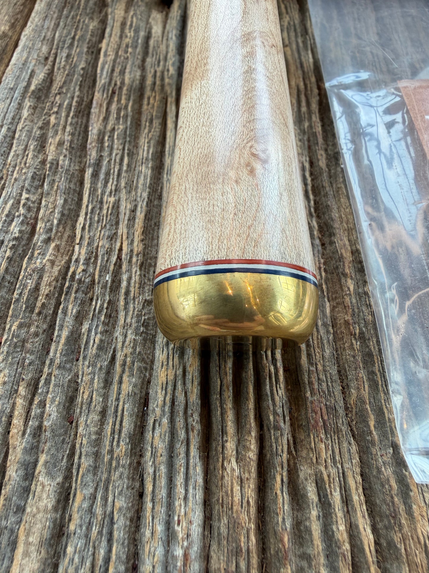 New Paper Randall Made Knife Model 12-6 supplied Maple handle, carbon  blade, brass hilt and rounded butt cap. Red white and blue spacers