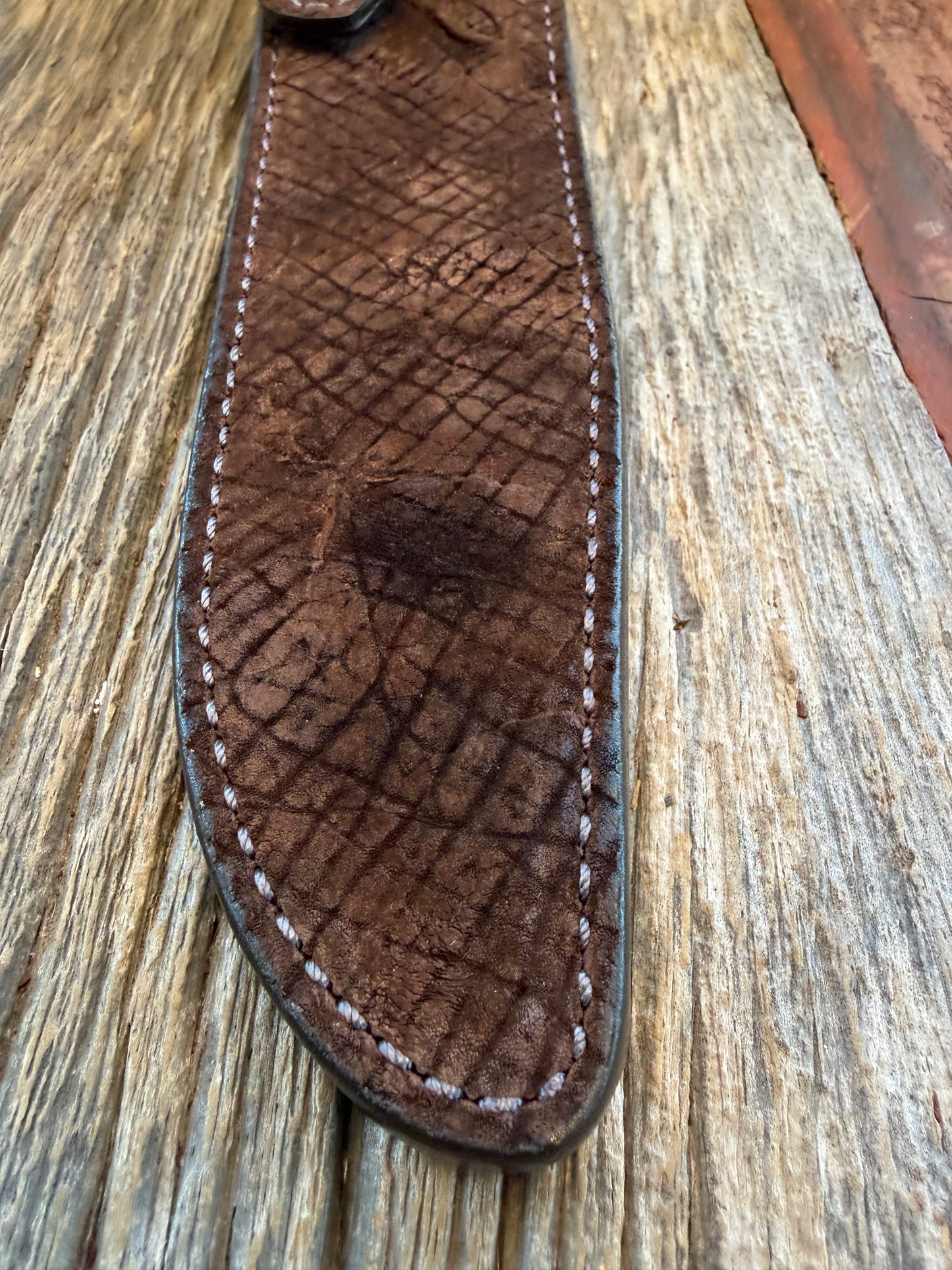 Randall Model 1-8 Sheath in Exotic Sueded Chocolate Brown Hippo by Treeman. Battle scars abound!!